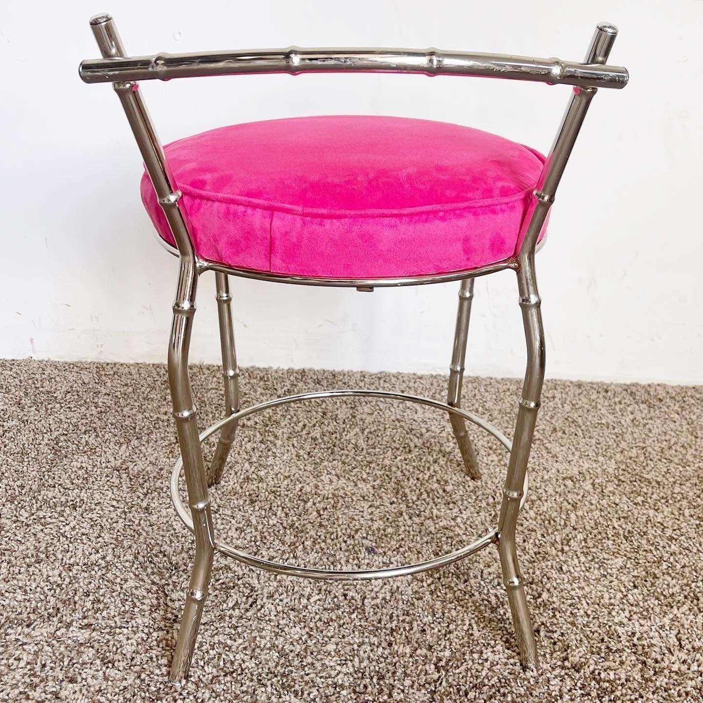 Regency Faux Bamboo Chrome and Pink Low Stool In Good Condition For Sale In Delray Beach, FL