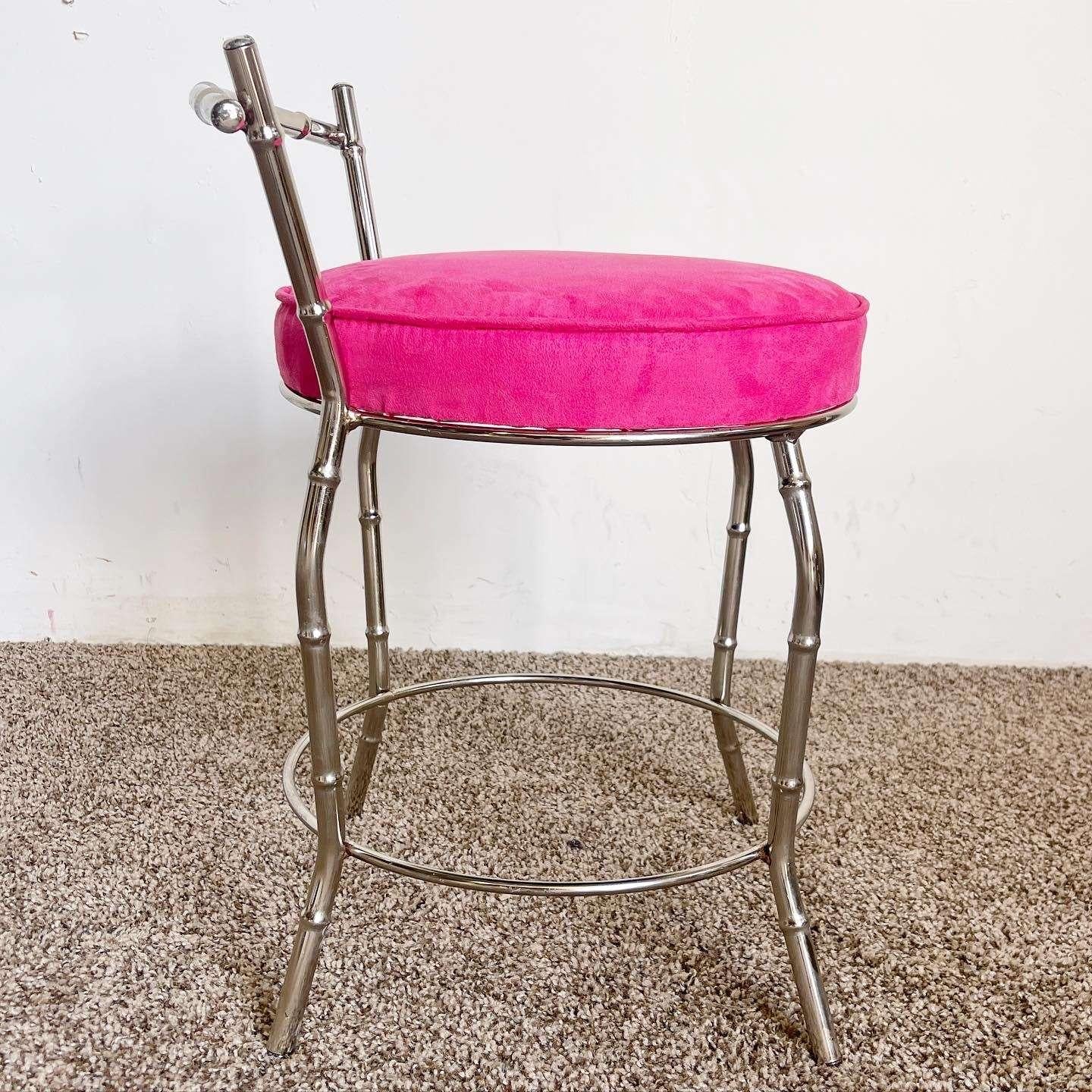 Late 20th Century Regency Faux Bamboo Chrome and Pink Low Stool