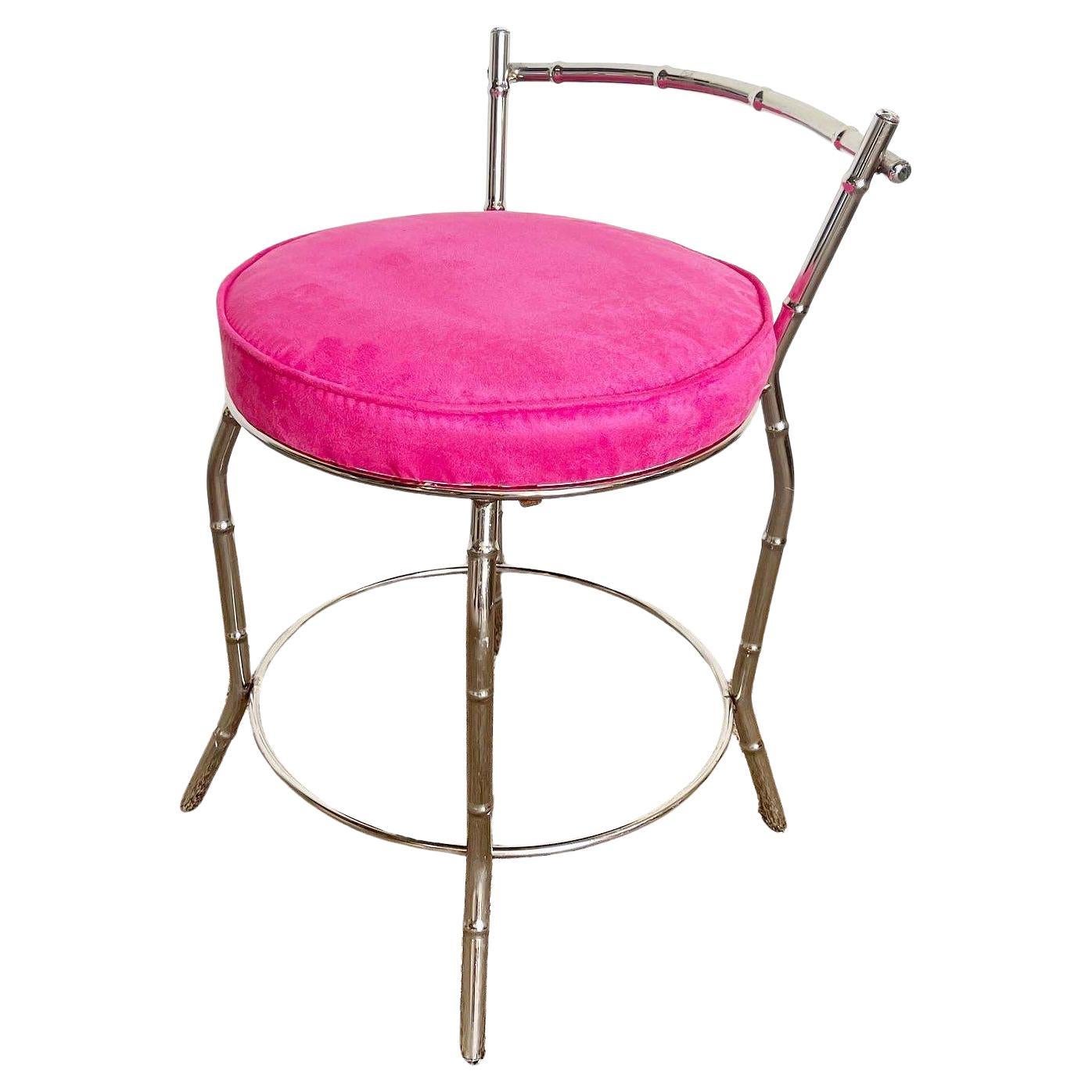 Regency Faux Bamboo Chrome and Pink Low Stool For Sale