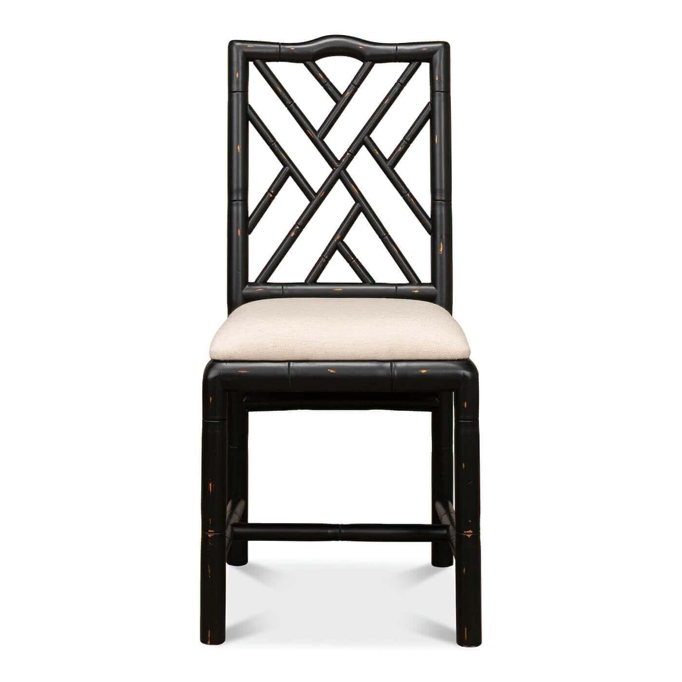Asian Regency Faux Bamboo Side Chair, Black Finish For Sale