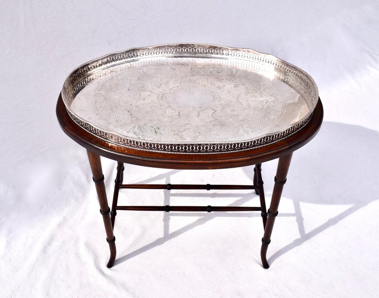 Regency Faux Bamboo Walnut And Silver Plate Tray Table For Sale At 1stdibs
