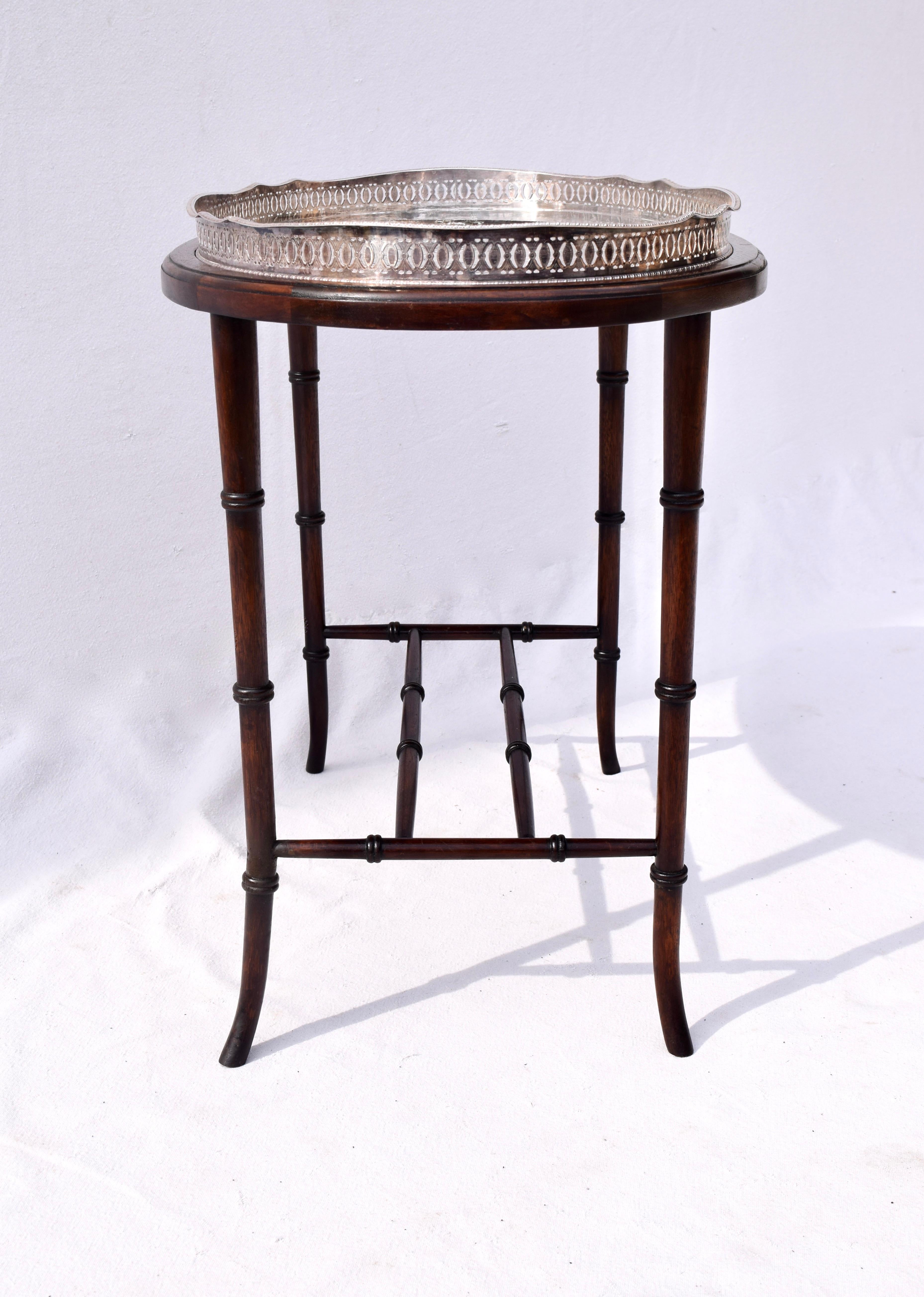 Regency Faux Bamboo Mahogany and Silver Tray Table In Good Condition In Southampton, NJ