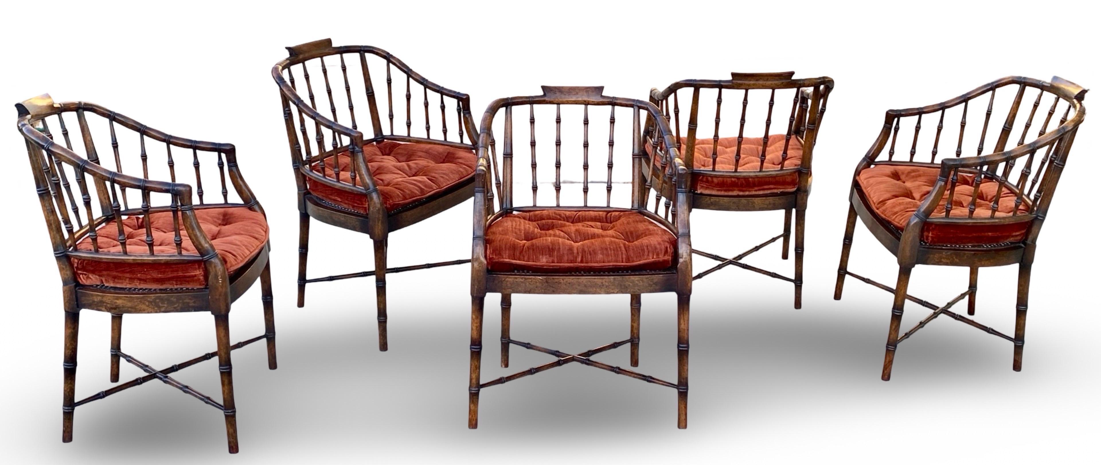 Regency Faux Brown Bamboo and Rust Velvet Vintage Dining Chairs Set 5 By Baker 2