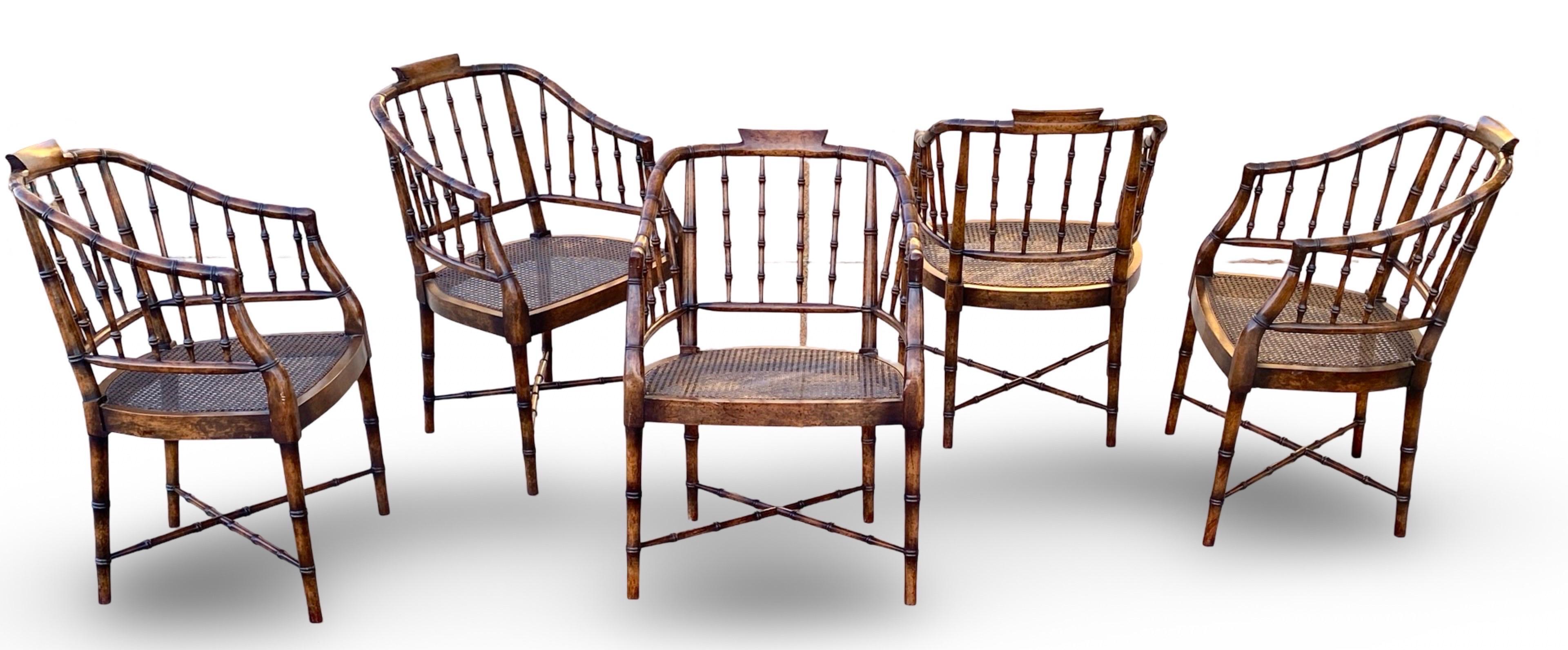 Regency Faux Brown Bamboo and Rust Velvet Vintage Dining Chairs Set 5 By Baker 3