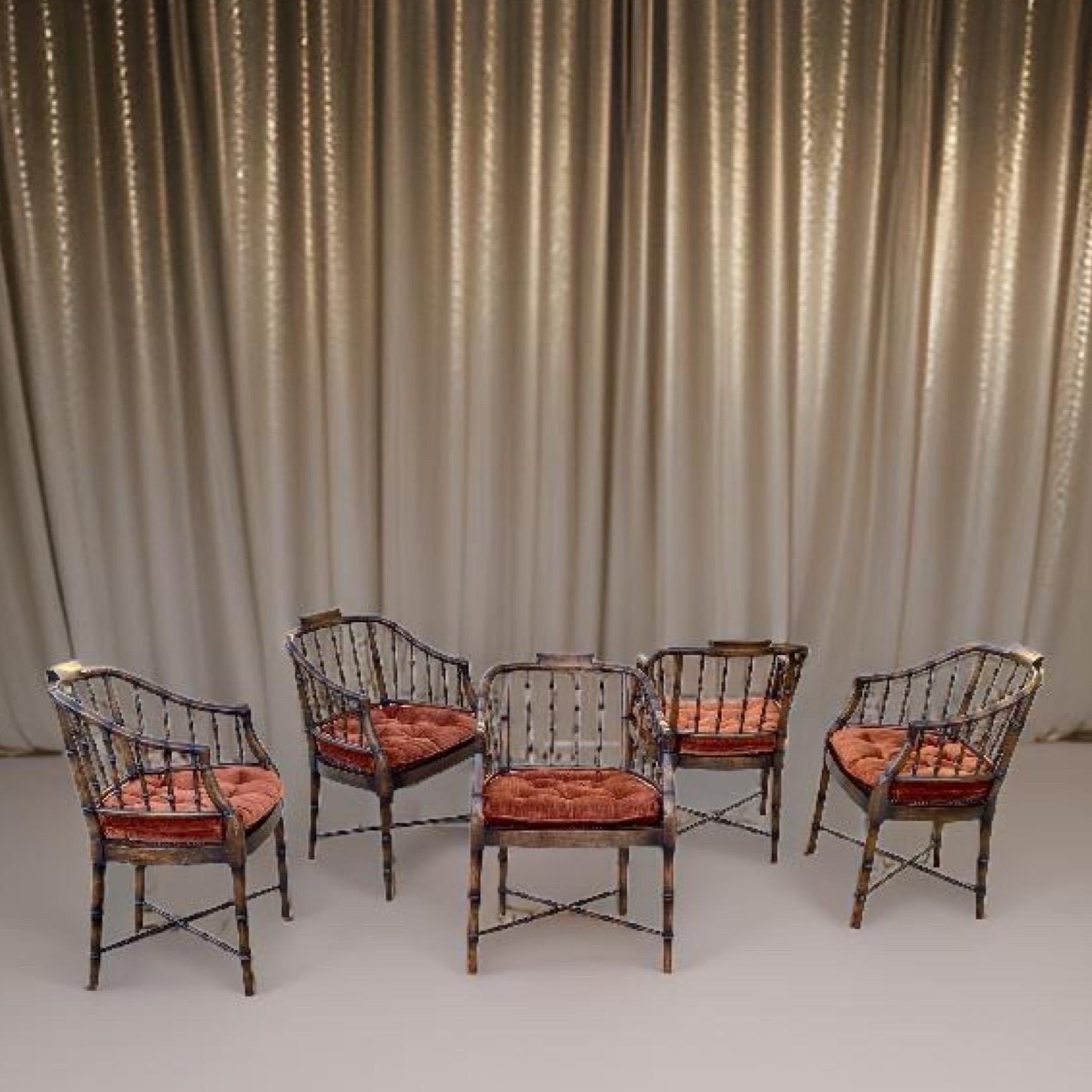 Regency Faux Brown Bamboo and Rust Velvet Vintage Dining Chairs Set 5 By Baker 4