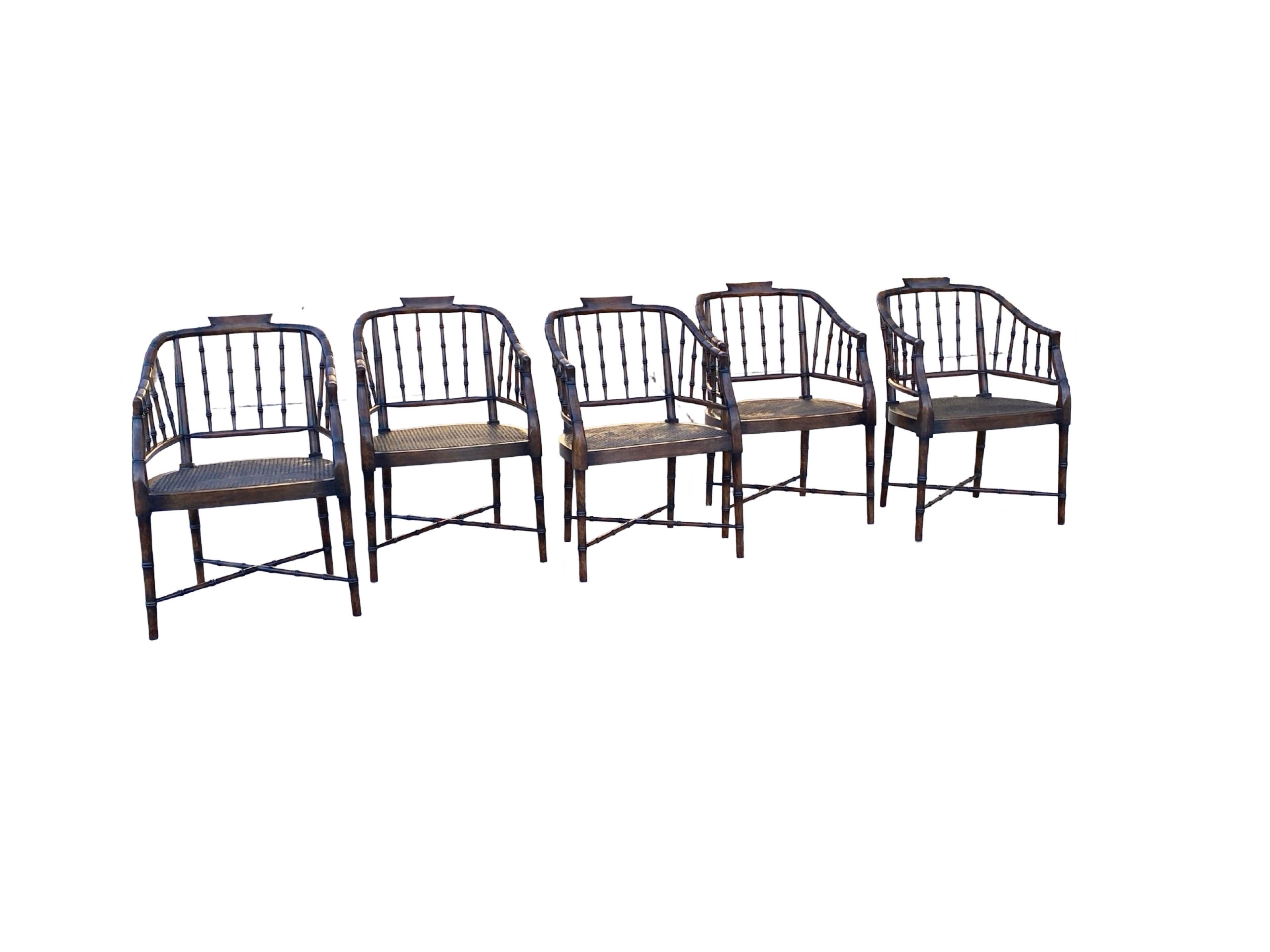 Regency Faux Brown Bamboo and Rust Velvet Vintage Dining Chairs Set 5 By Baker 6