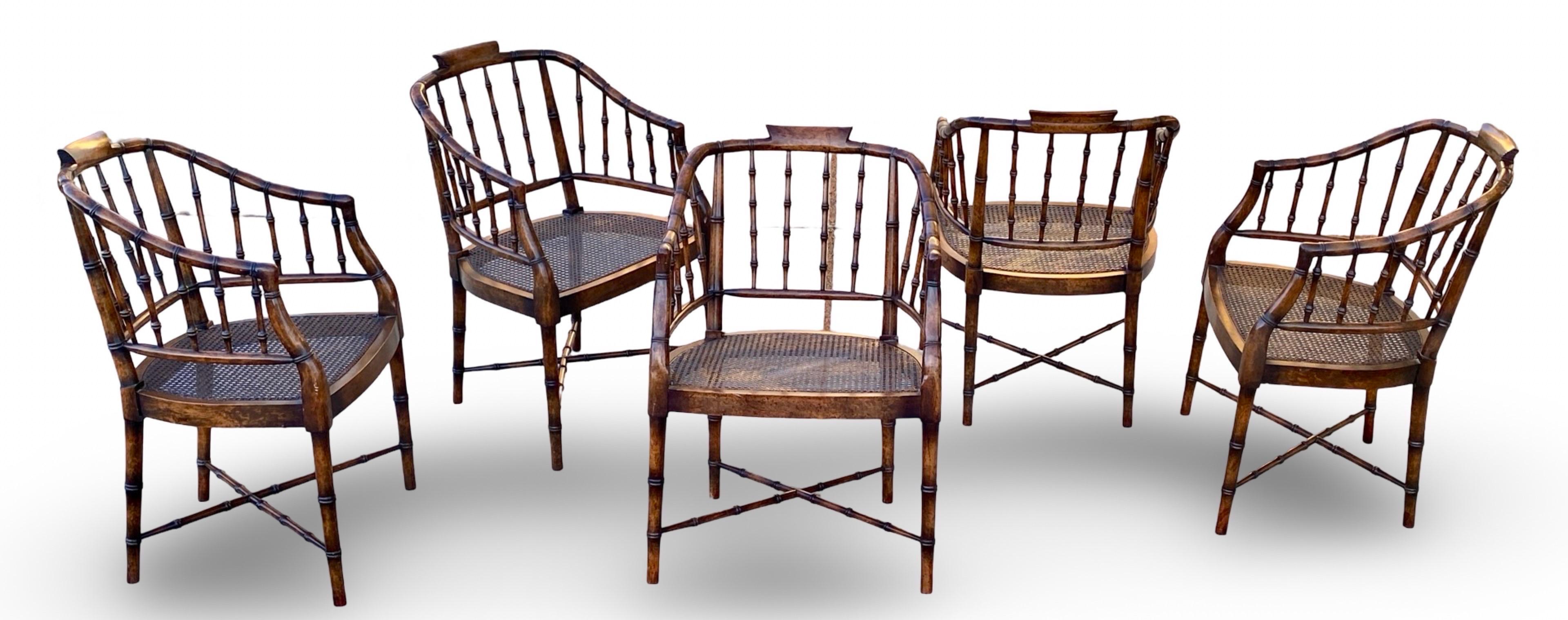 Regency Faux Brown Bamboo and Rust Velvet Vintage Dining Chairs Set 5 By Baker 7