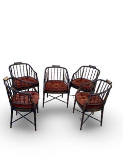 Regency Faux Brown Bamboo and Rust Velvet Vintage Dining Chairs Set 5 By Baker