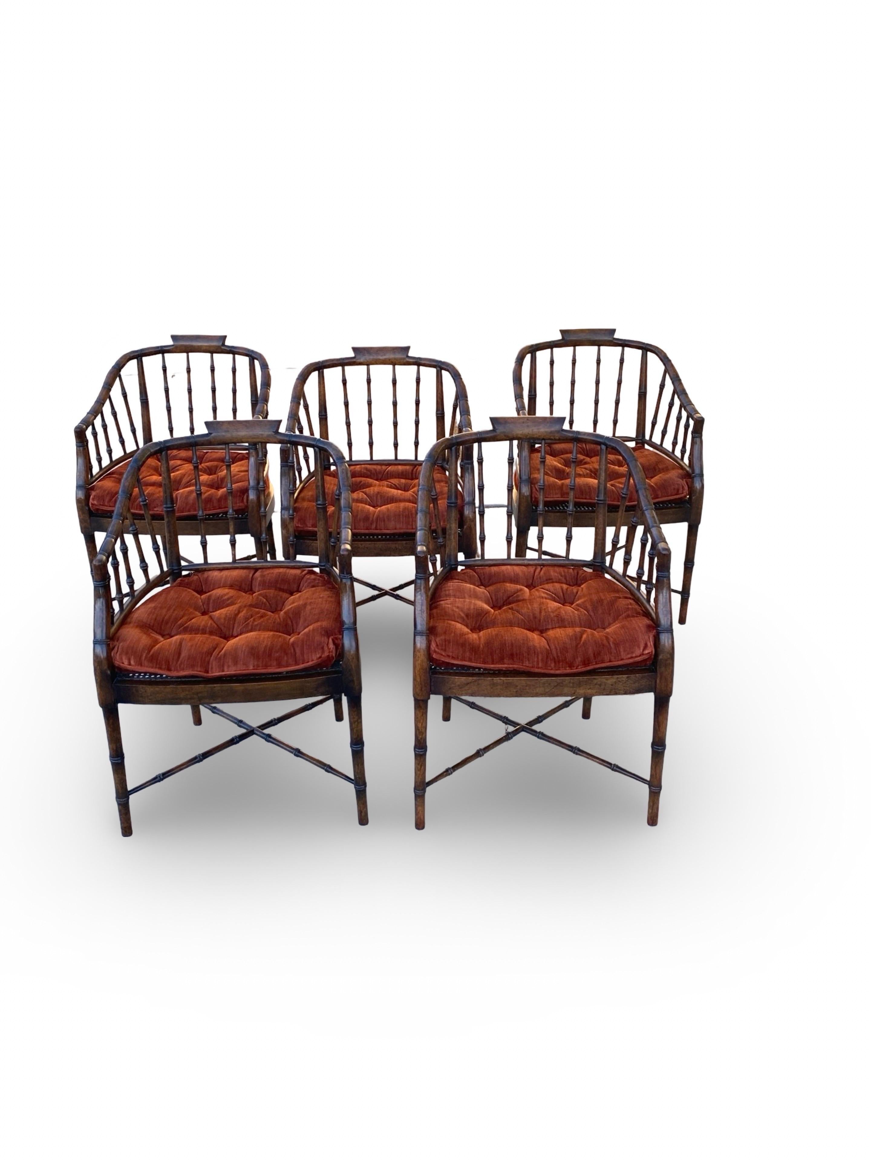 Hollywood Regency Regency Faux Brown Bamboo and Rust Velvet Vintage Dining Chairs Set 5 By Baker