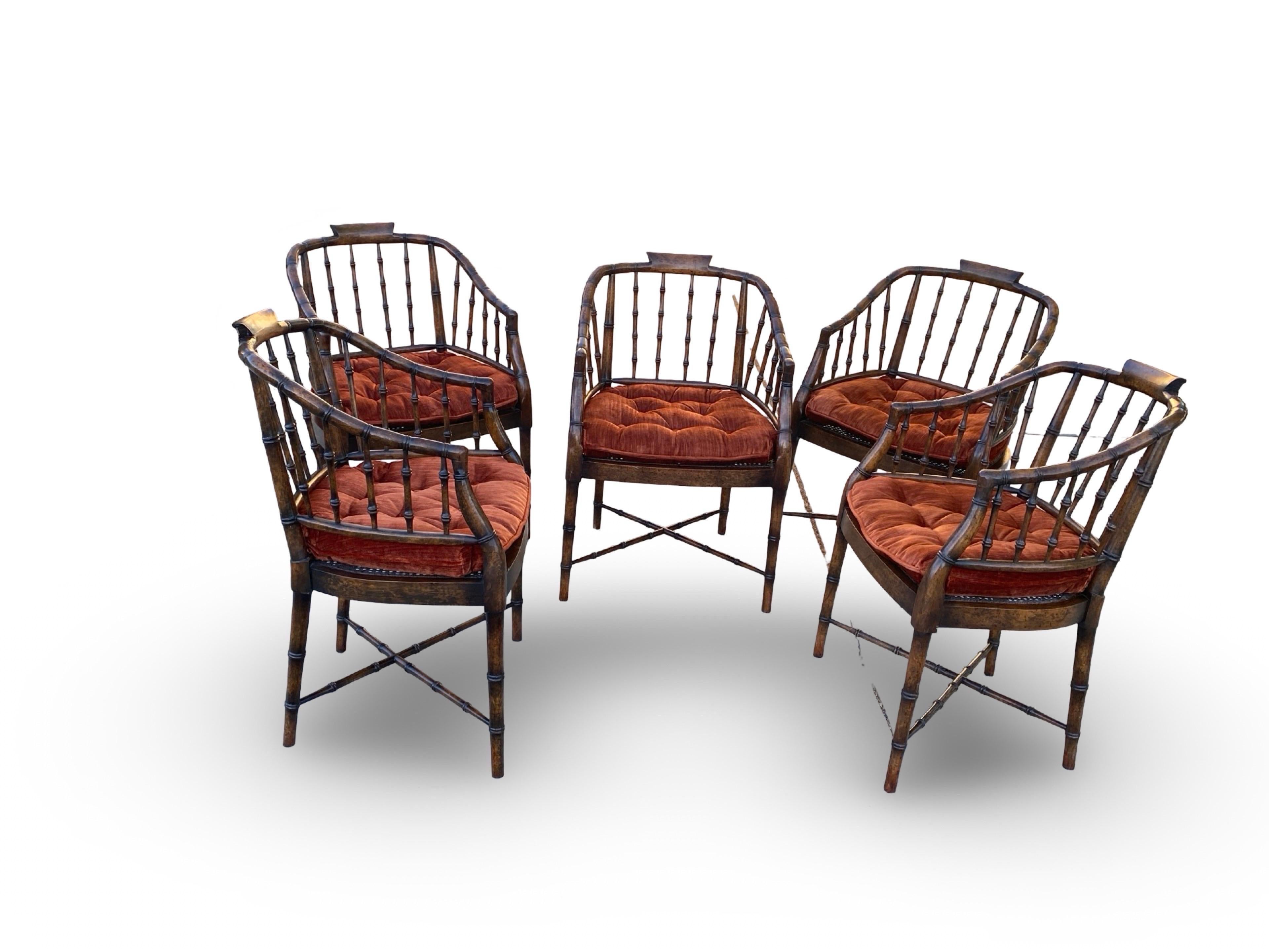 American Regency Faux Brown Bamboo and Rust Velvet Vintage Dining Chairs Set 5 By Baker