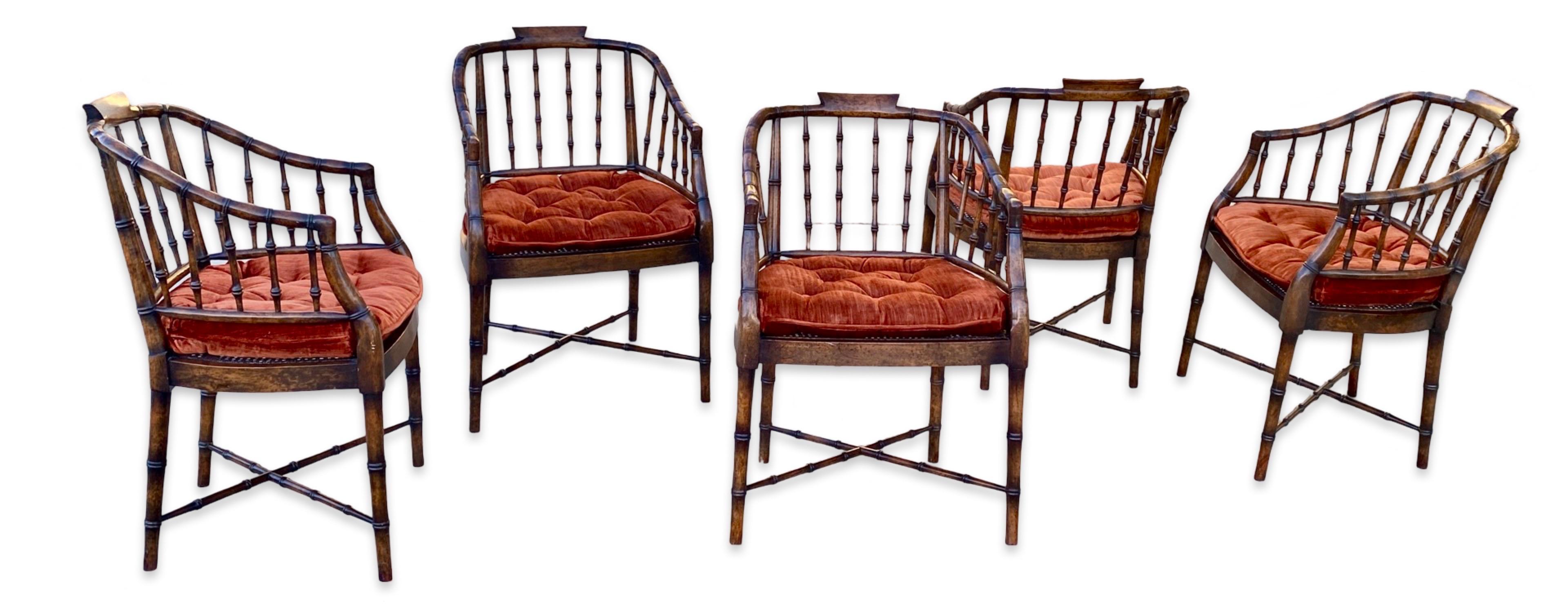 Hand-Crafted Regency Faux Brown Bamboo and Rust Velvet Vintage Dining Chairs Set 5 By Baker