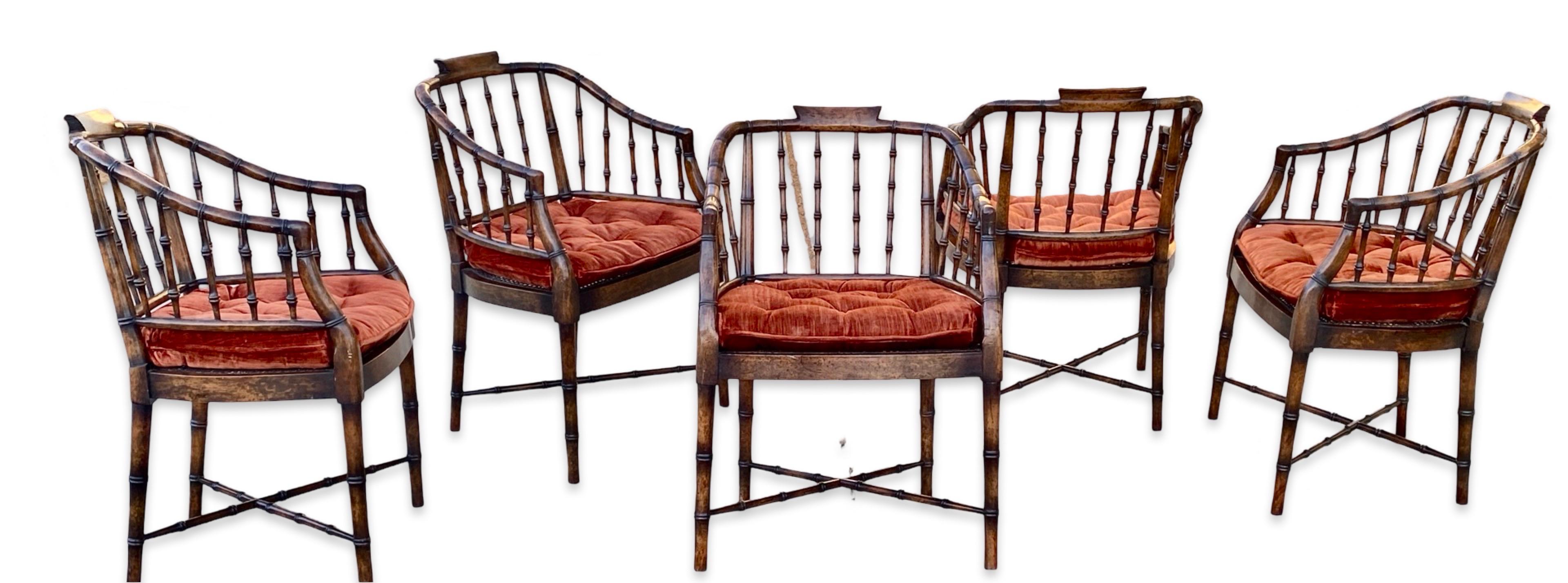 Regency Faux Brown Bamboo and Rust Velvet Vintage Dining Chairs Set 5 By Baker In Good Condition In Palm Springs, CA