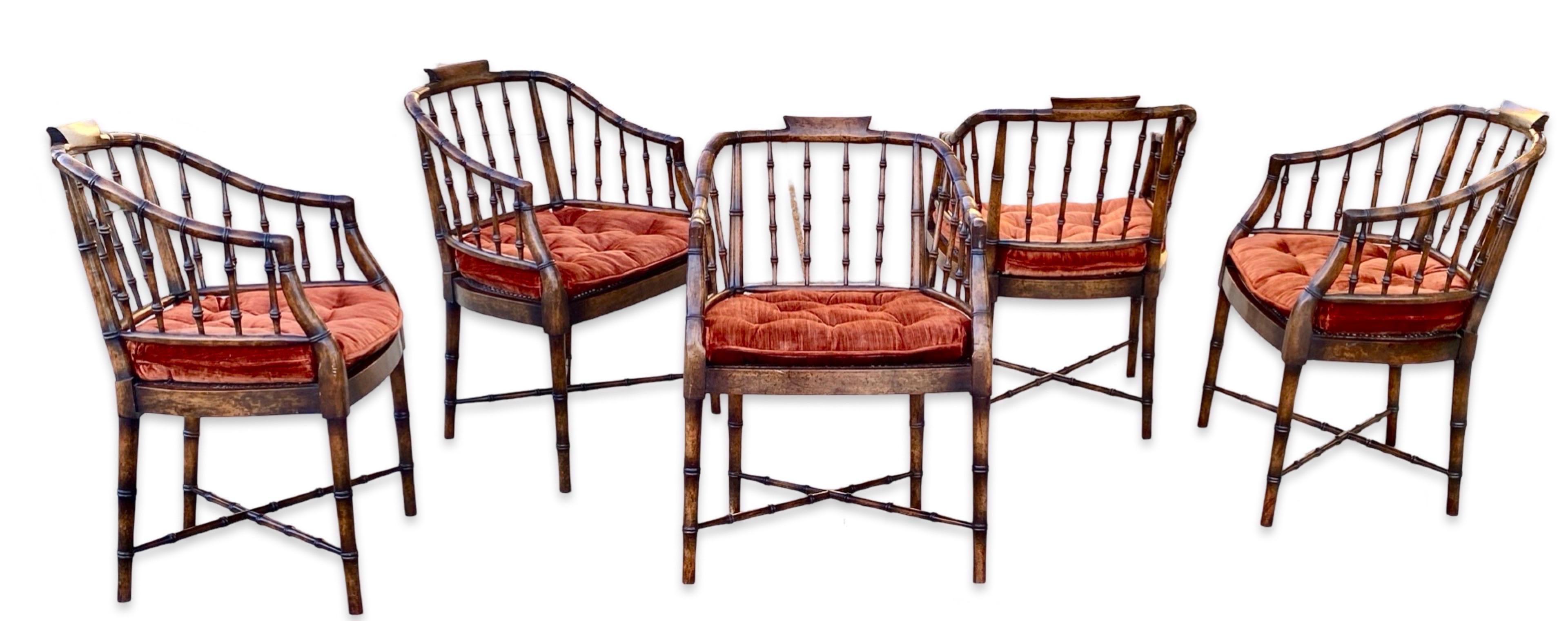 Late 20th Century Regency Faux Brown Bamboo and Rust Velvet Vintage Dining Chairs Set 5 By Baker