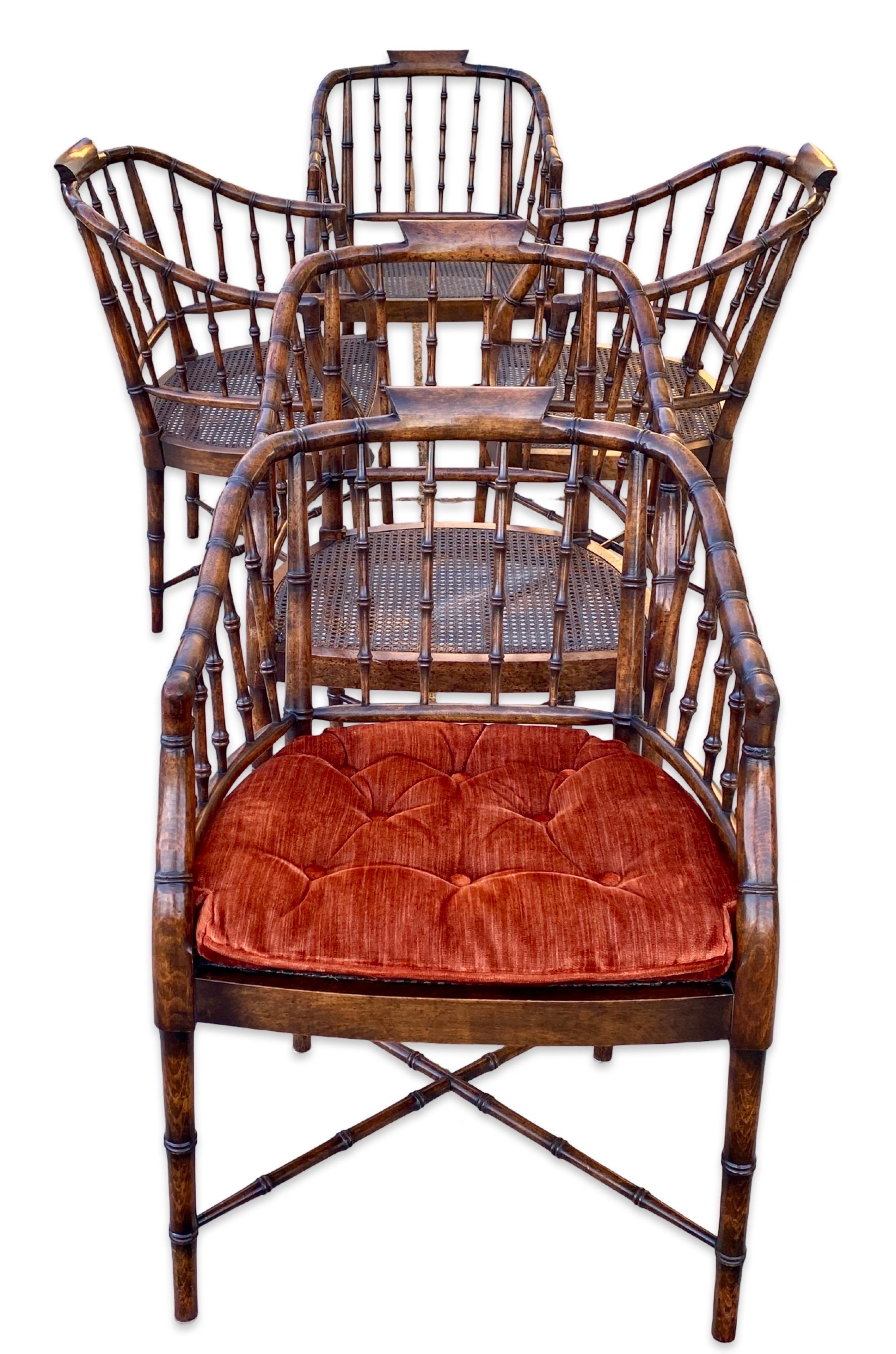 Wood Regency Faux Brown Bamboo and Rust Velvet Vintage Dining Chairs Set 5 By Baker