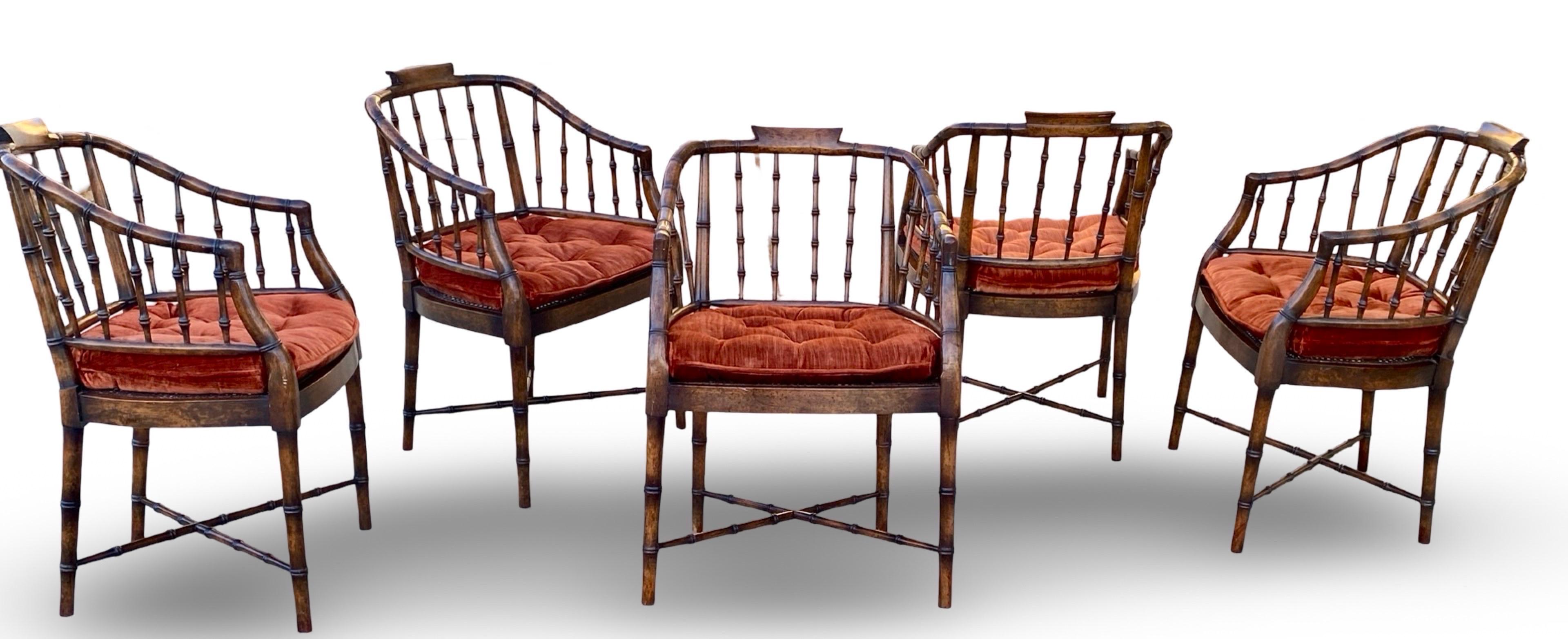 Regency Faux Brown Bamboo and Rust Velvet Vintage Dining Chairs Set 5 By Baker 1