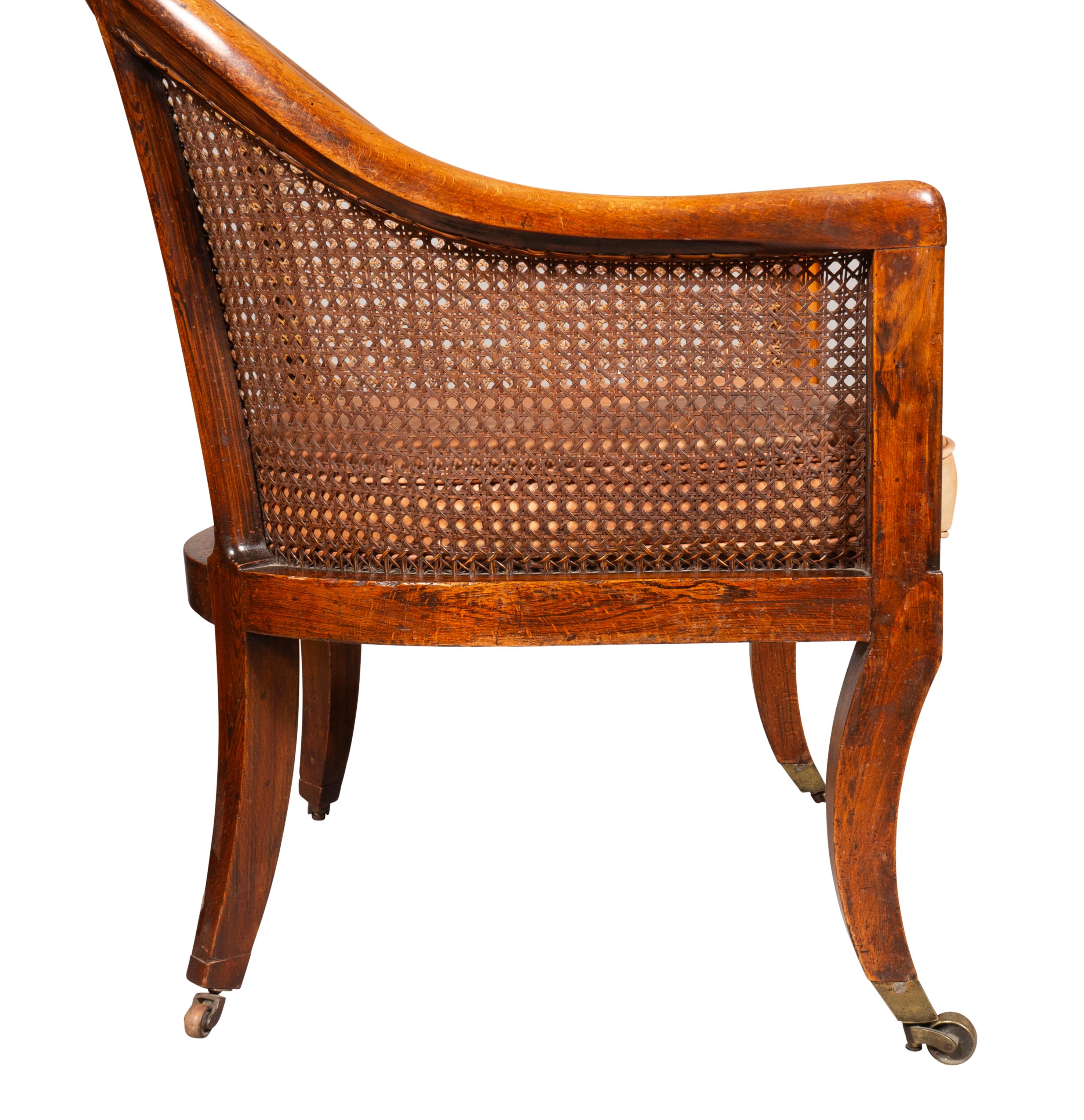 Brass Regency Faux Rosewood Caned Bergere For Sale