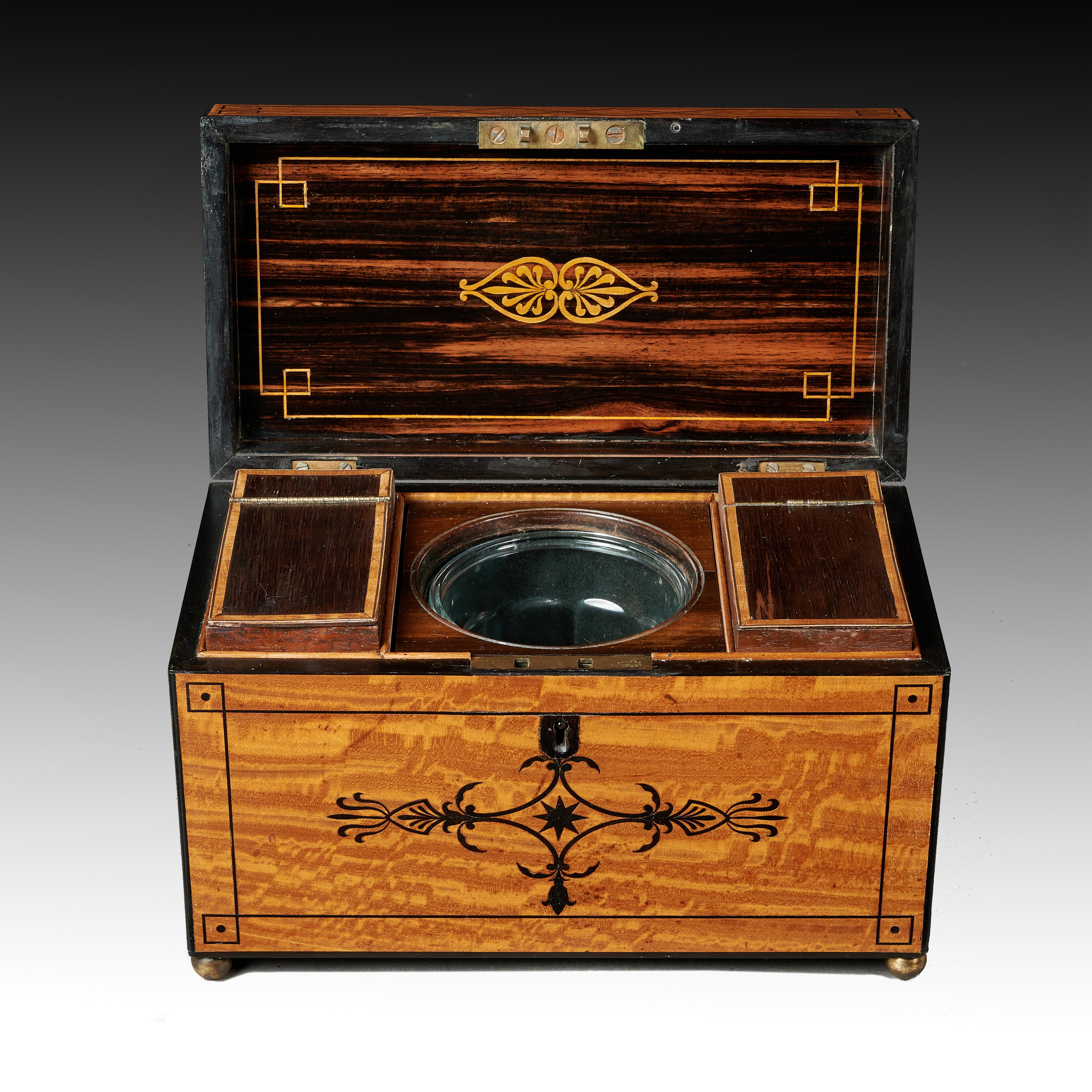 Regency Figured East Indian Satinwood and Ebony Inlaid Tea Caddy In Good Condition In Benington, Herts