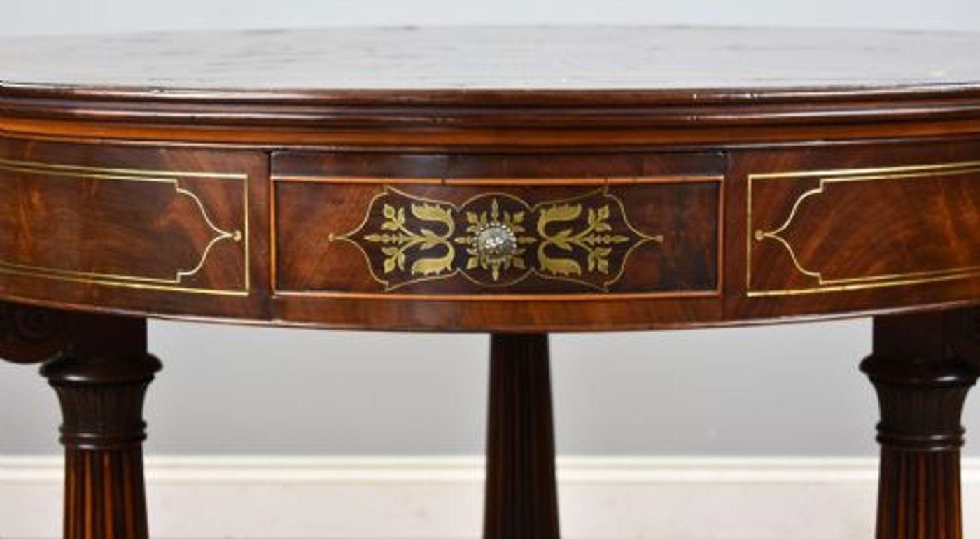English Regency Flame Mahogany Brass Inlaid Drum Table For Sale