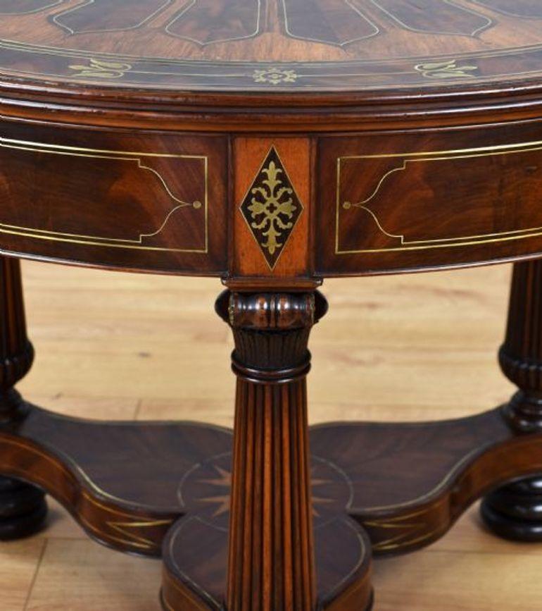 Regency Flame Mahogany Brass Inlaid Drum Table For Sale 1