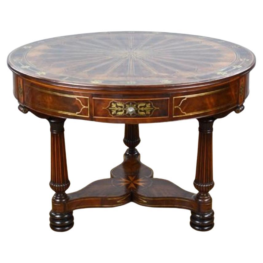 Regency Flame Mahogany Brass Inlaid Drum Table For Sale