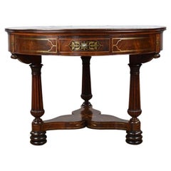 Antique Regency Flame Mahogany Brass Inlaid Drum Table