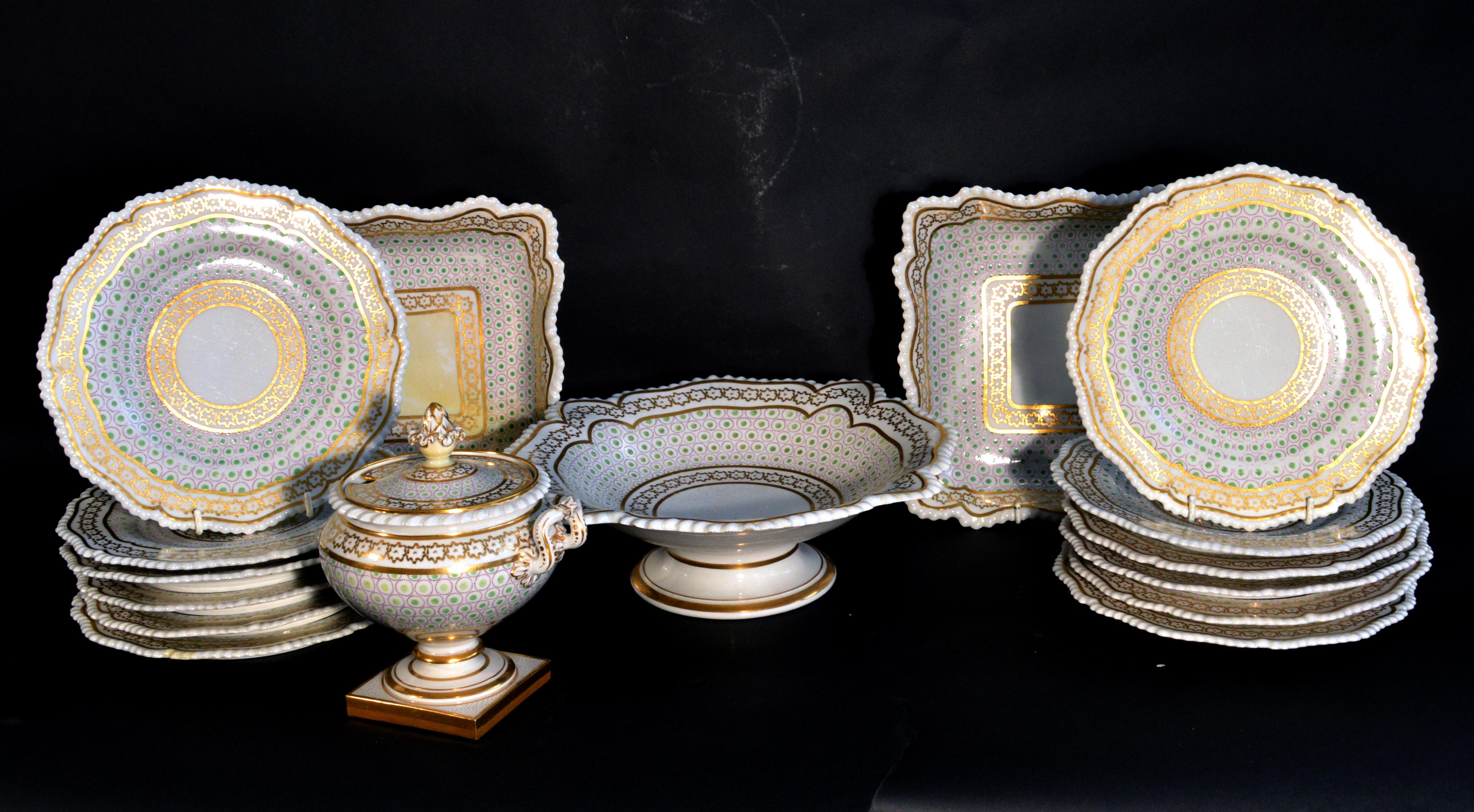 Regency Flight, Barr & Barr Worcester porcelain dessert service,
16 items total,
circa 1820

The attractive Flight, Barr & Barr porcelain dessert service is decorated with two bands of gilt on the border and repeated around the central well with