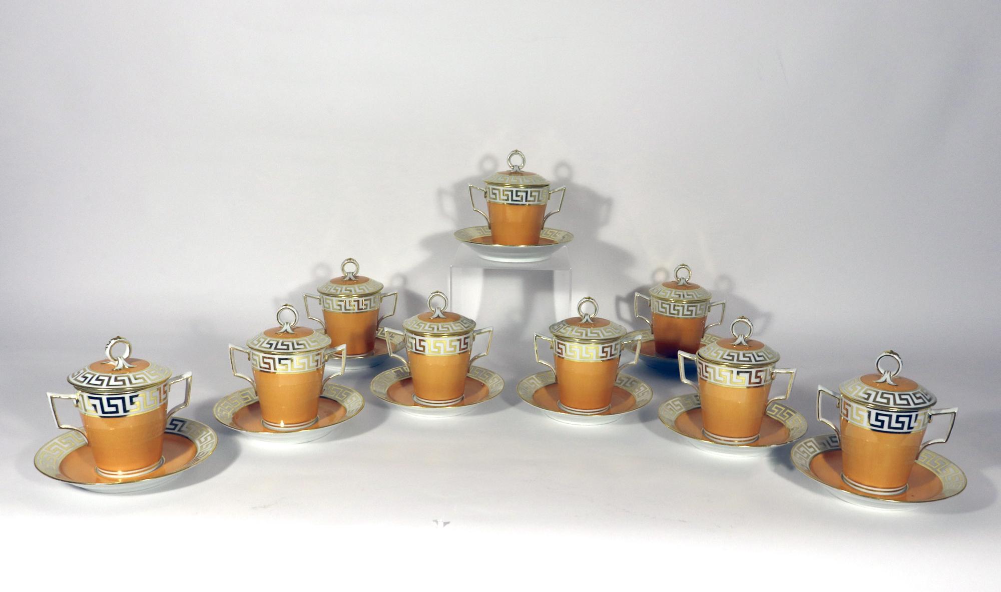 Regency Flight & Barr Worcester Porcelain Salmon-colored Covered Chocolate Cups 6