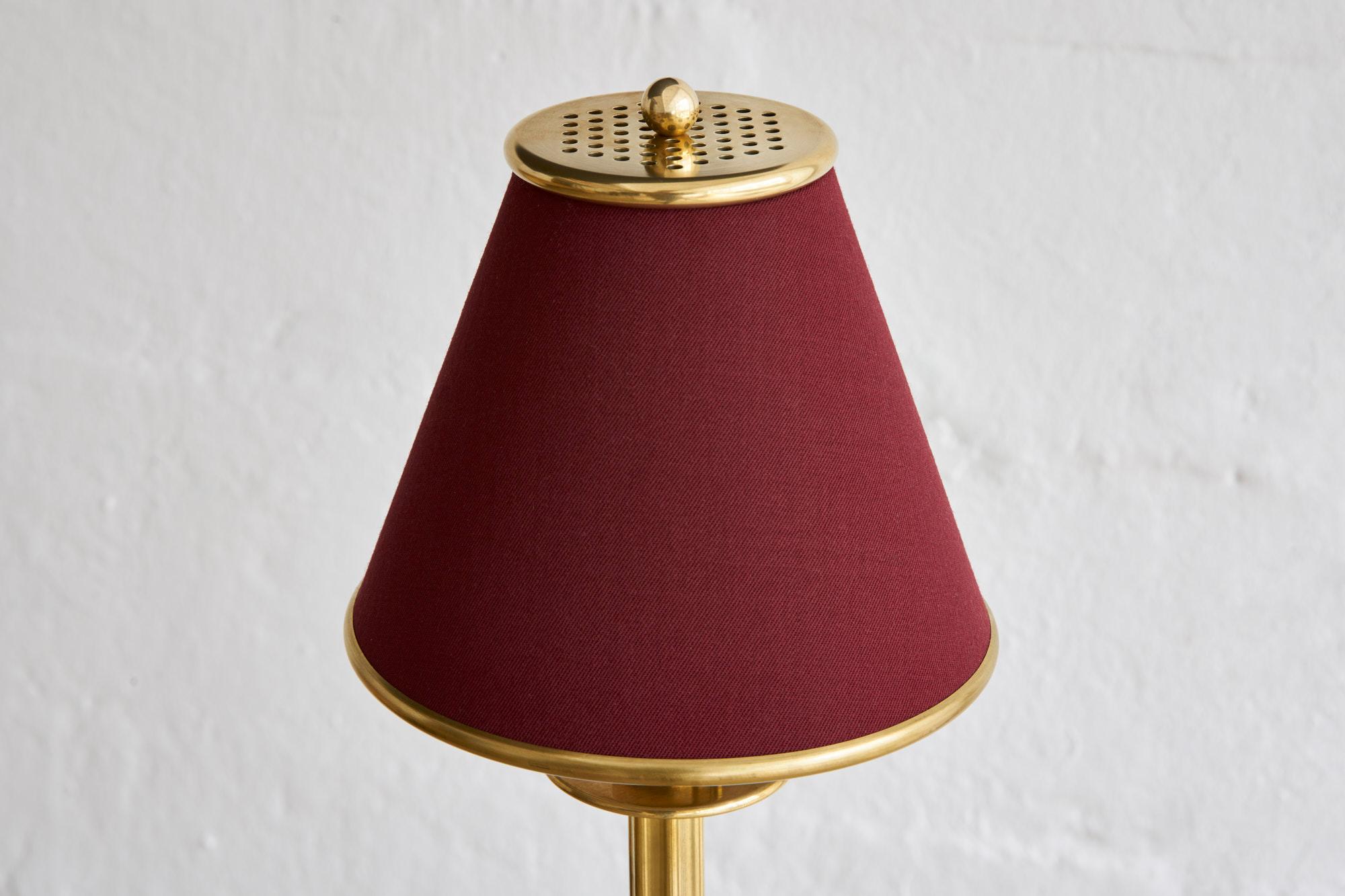 Contemporary Regency Floor Lamp by Billy Cotton in Brass with Burgundy Shade For Sale