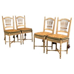Stile Regency, quattro sedie da pranzo, legno verniciato, paglia, tessuto, Stati Uniti, anni ’40