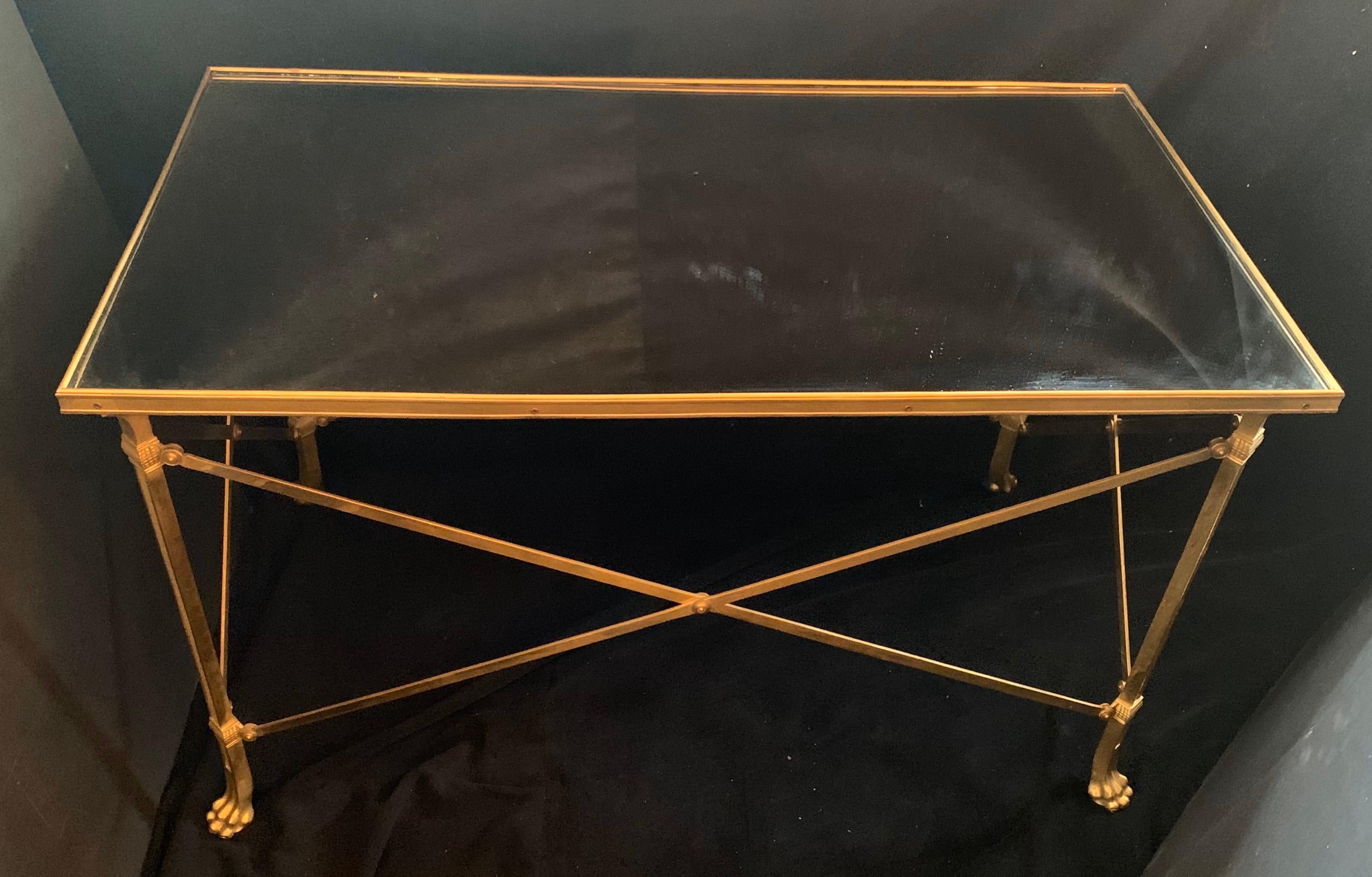 Gilt Regency French Ormolu Bronze Mirrored Gueridon Coffee Table Paw Feet Lorin Marsh For Sale