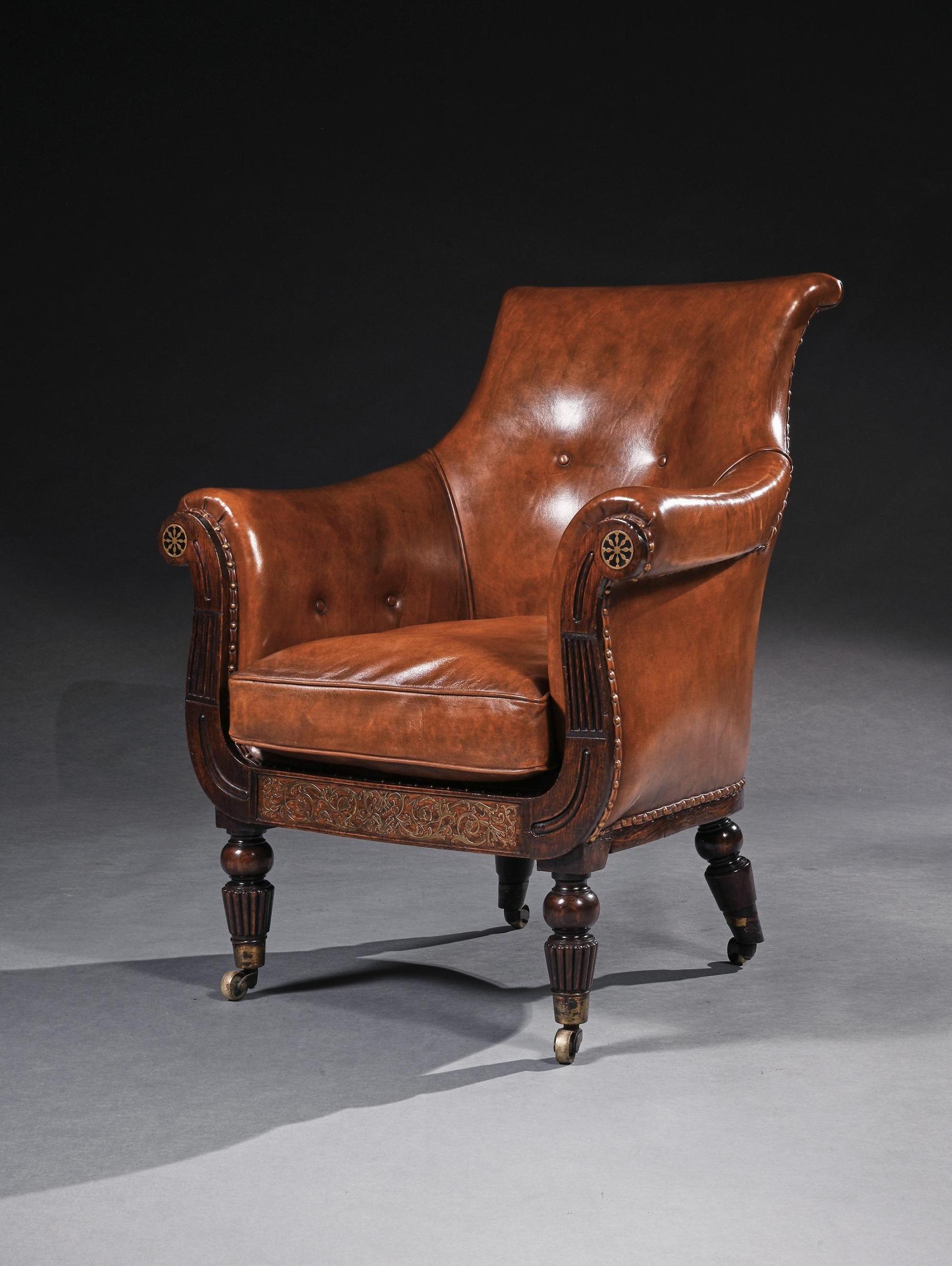 Fine Regency George IV Period Simulated Rosewood and Brass Inlaid Library Bergere Armchair attributed to Gillows of Lancaster.

English circa 1825

Superb quality Regency George IV period faux rosewood and brass inlaid bergere library armchair,