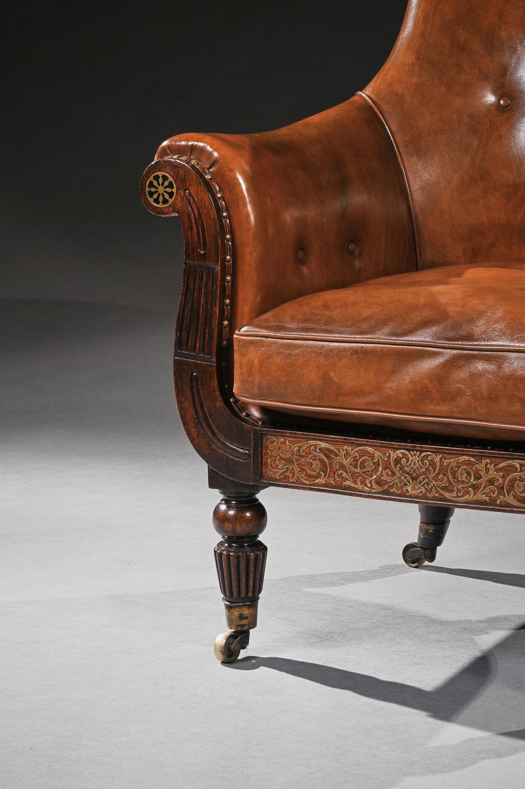 Early 19th Century Regency George IV Period Gillow Simulated Rosewood and Brass Armchair