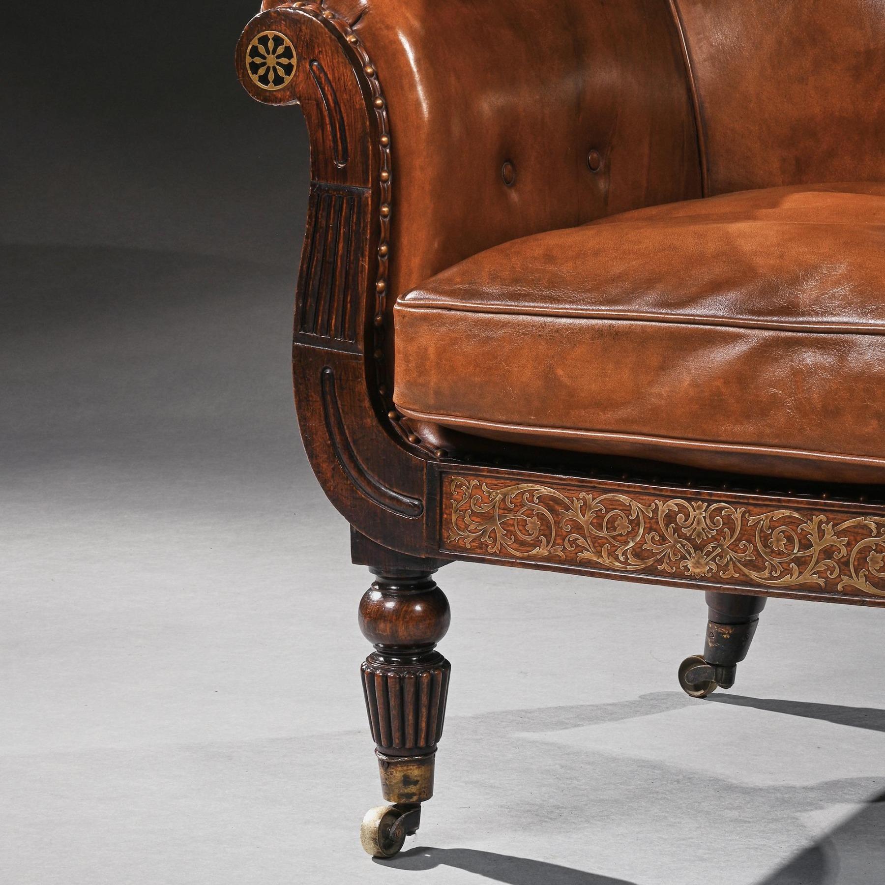 Regency George IV Period Gillow Simulated Rosewood and Brass Armchair 1