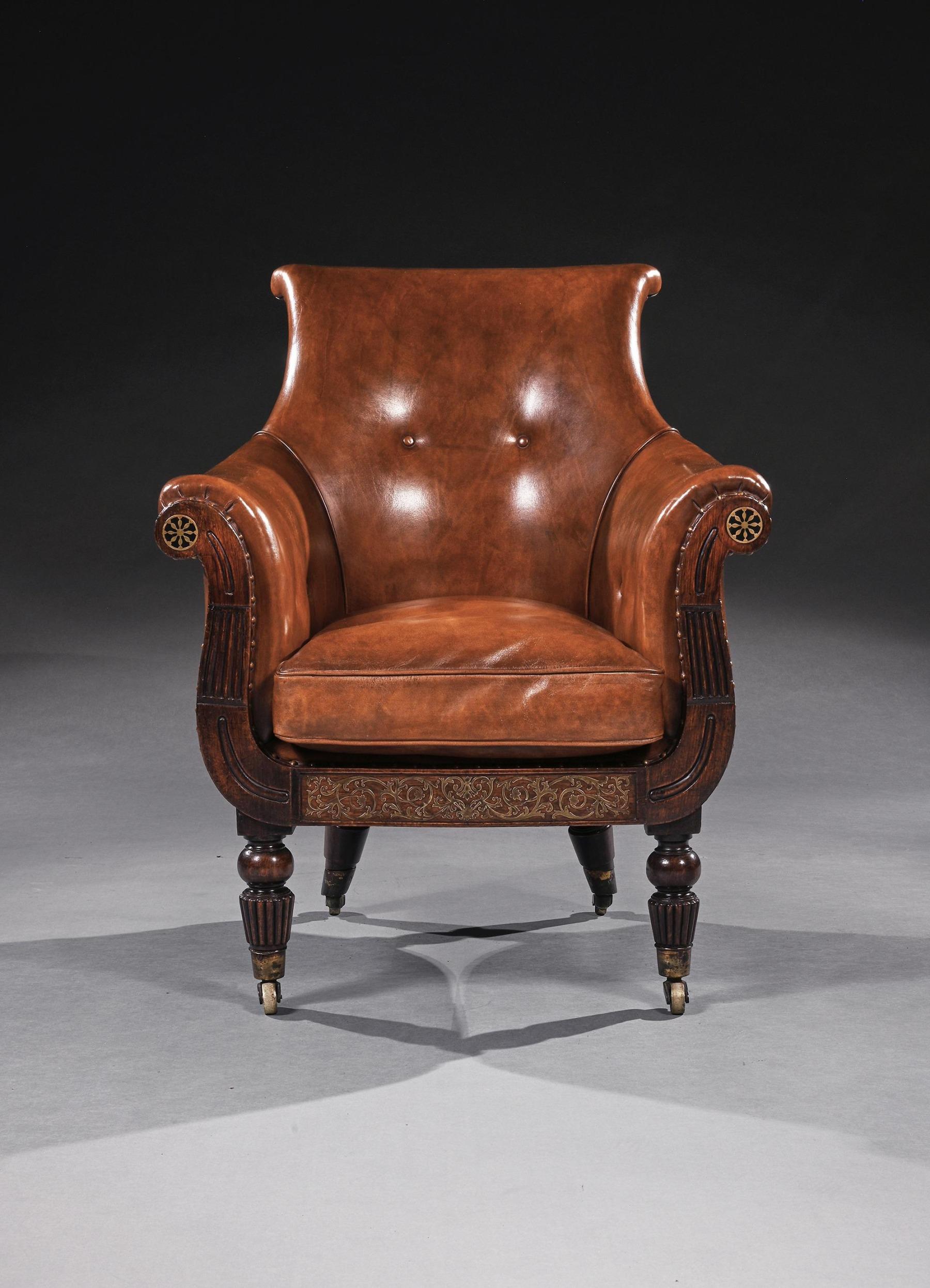 Regency George IV Period Gillow Simulated Rosewood and Brass Armchair 2