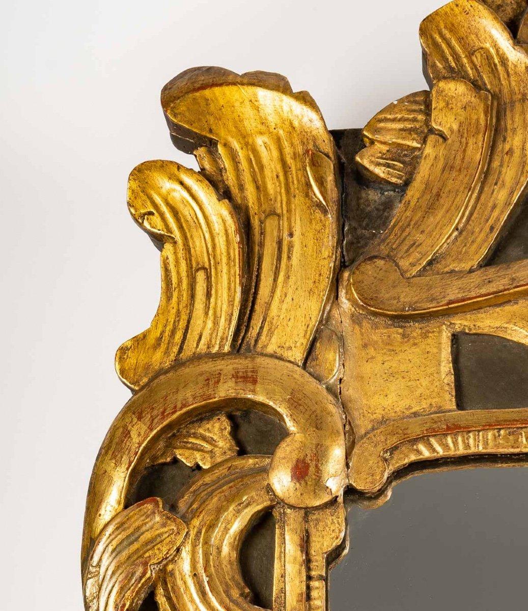  Regency-Spiegel aus vergoldetem Holz – Violinform mit Schubladen und Schnörkeln – Periode XVIII. (Louis XIV.) im Angebot