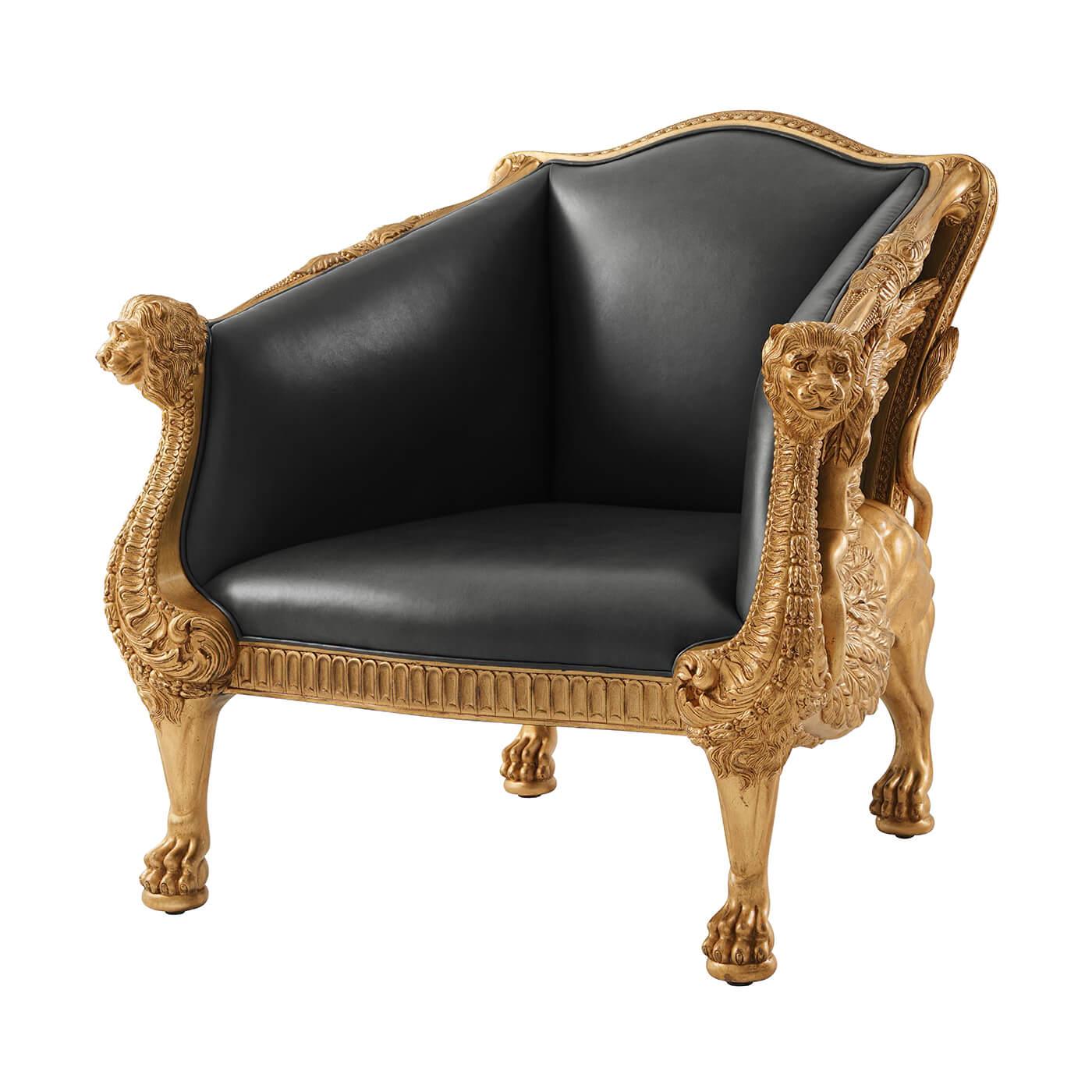 A unique Regency style upholstered armchair, the upholstered back with a guilloche carved arched top rail and sides above an acanthus baton arm with Lion carved terminals on bellflower and lapette cabriole uprights; the upholstered seat with a
