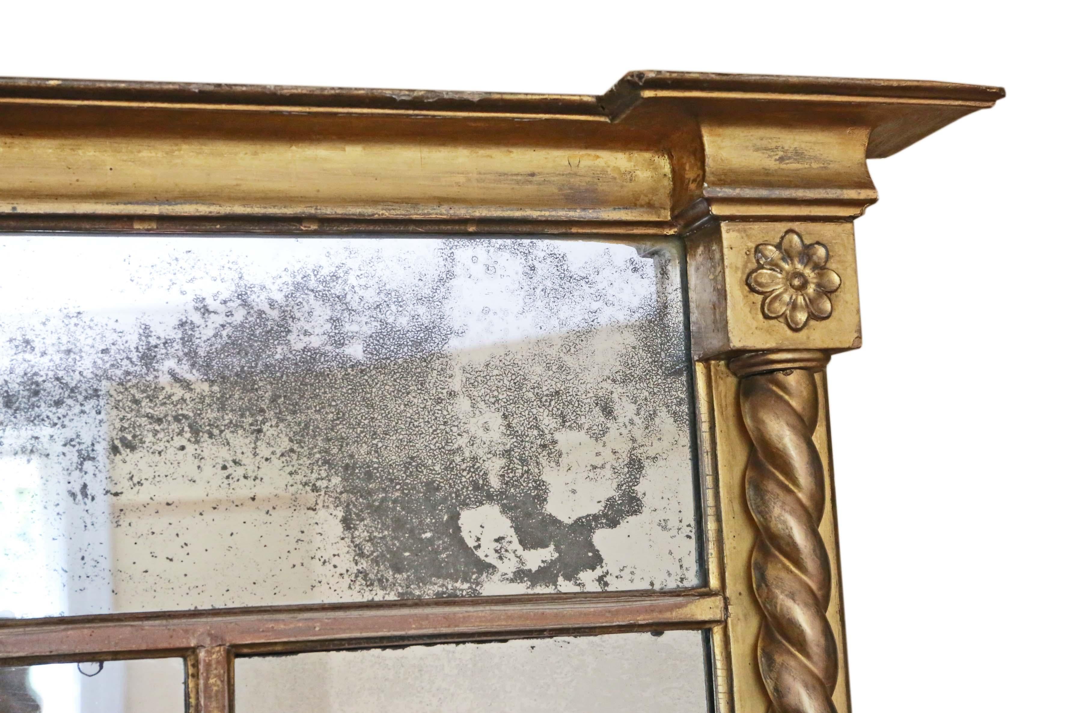 Regency overmantle or wall mirror, circa 1825.
This is a lovely mirror, that is full of age, charm and character. Great patinated frame which has had minor losses, minor repairs and minor touching up/refinishing over the years (some charming aging,