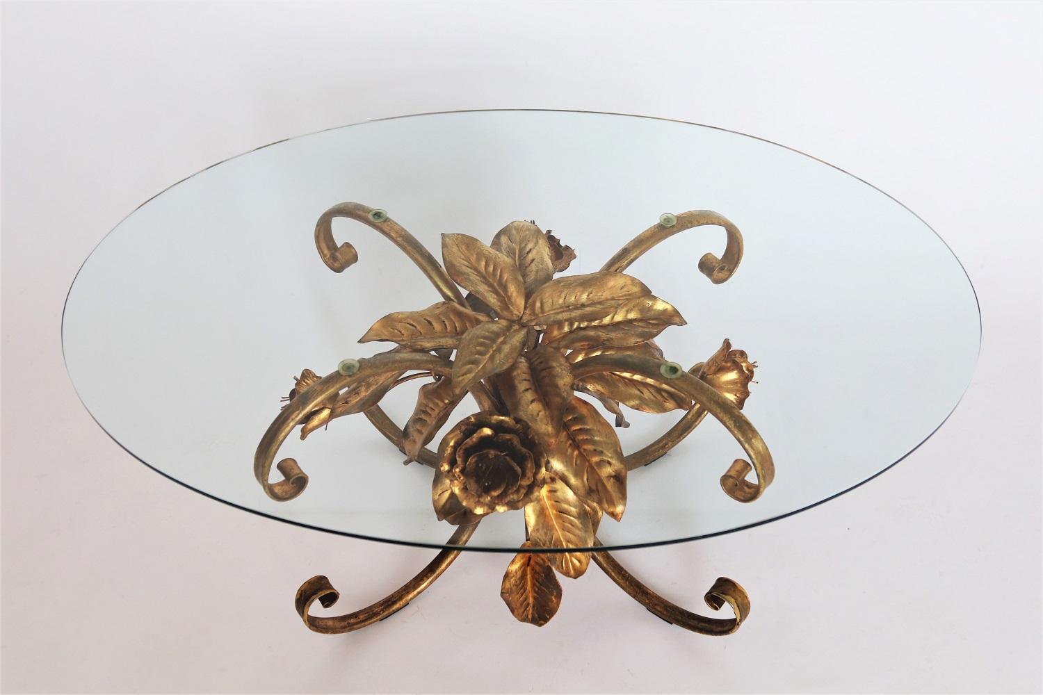 Palm Leaves and Flower Coffee Table in Gilt Metal by Hans Kögl, 1970s For Sale 5