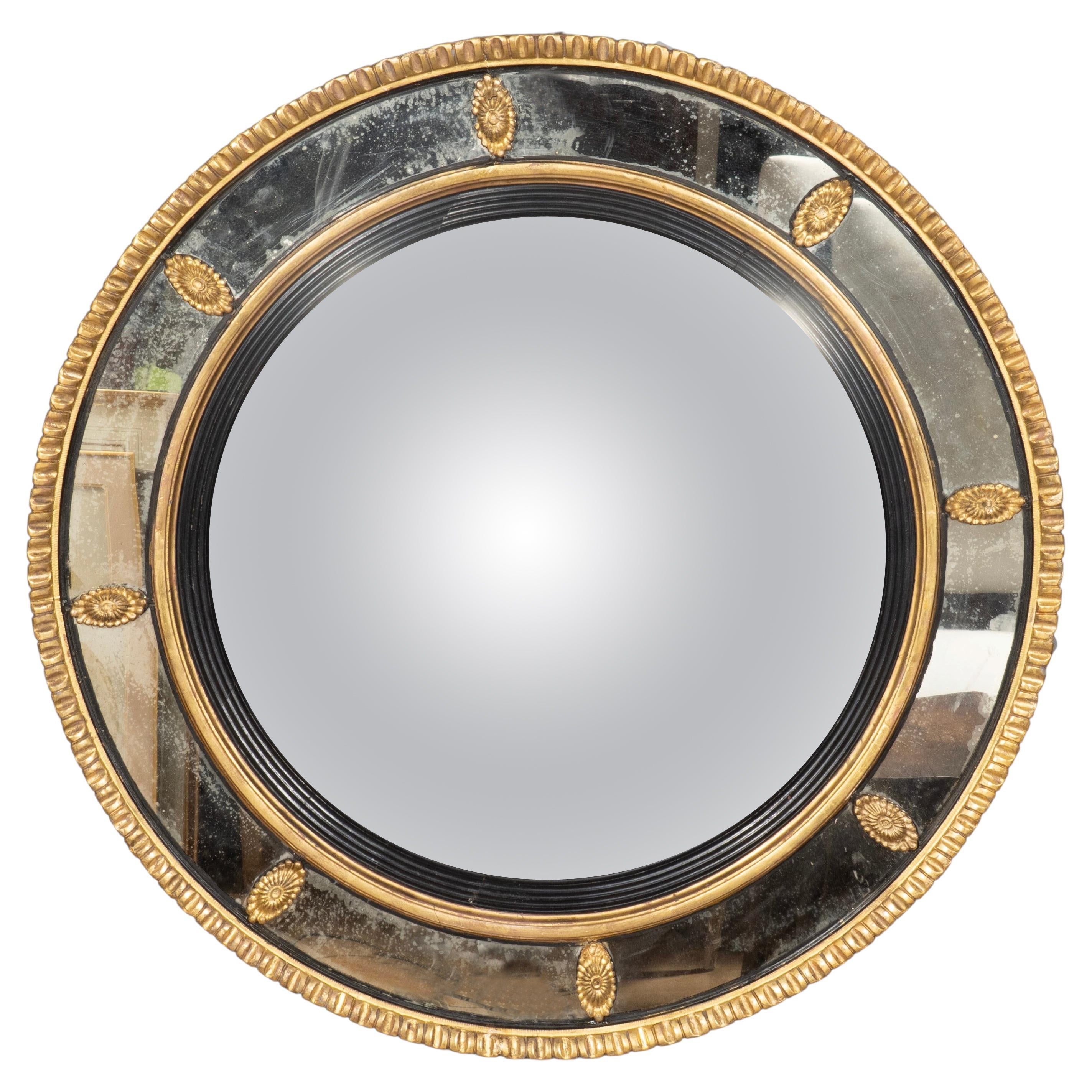 Regency Giltwood And Ebonized Convex Mirror
