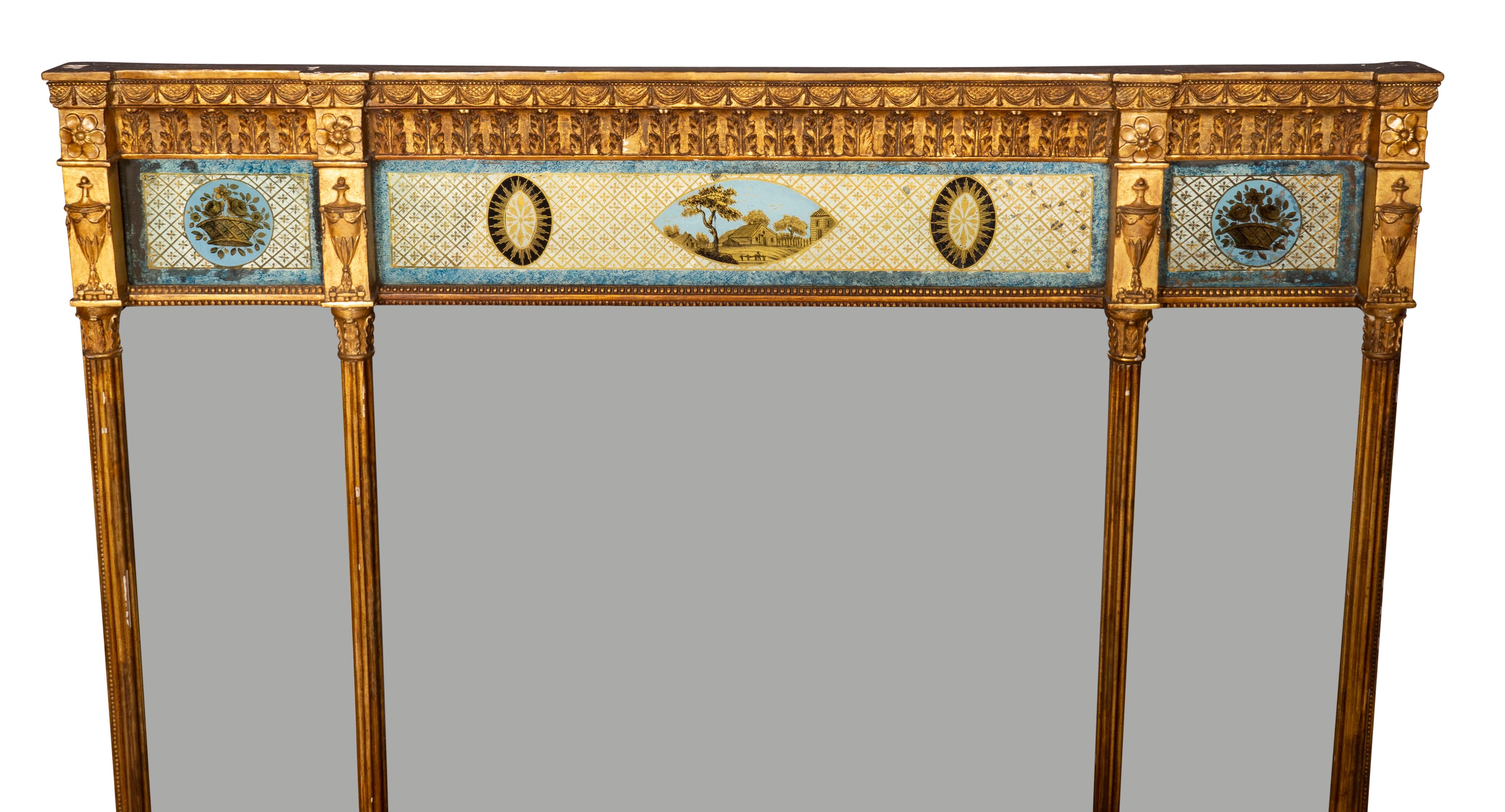 Rectangular with leaf tip and swag cornice over reverse painted glass panels depicting a central farm scenes and baskets of flowers and sunbursts ,each section divided by fluted columns headed by neoclass urns, over conforming mirror plates.