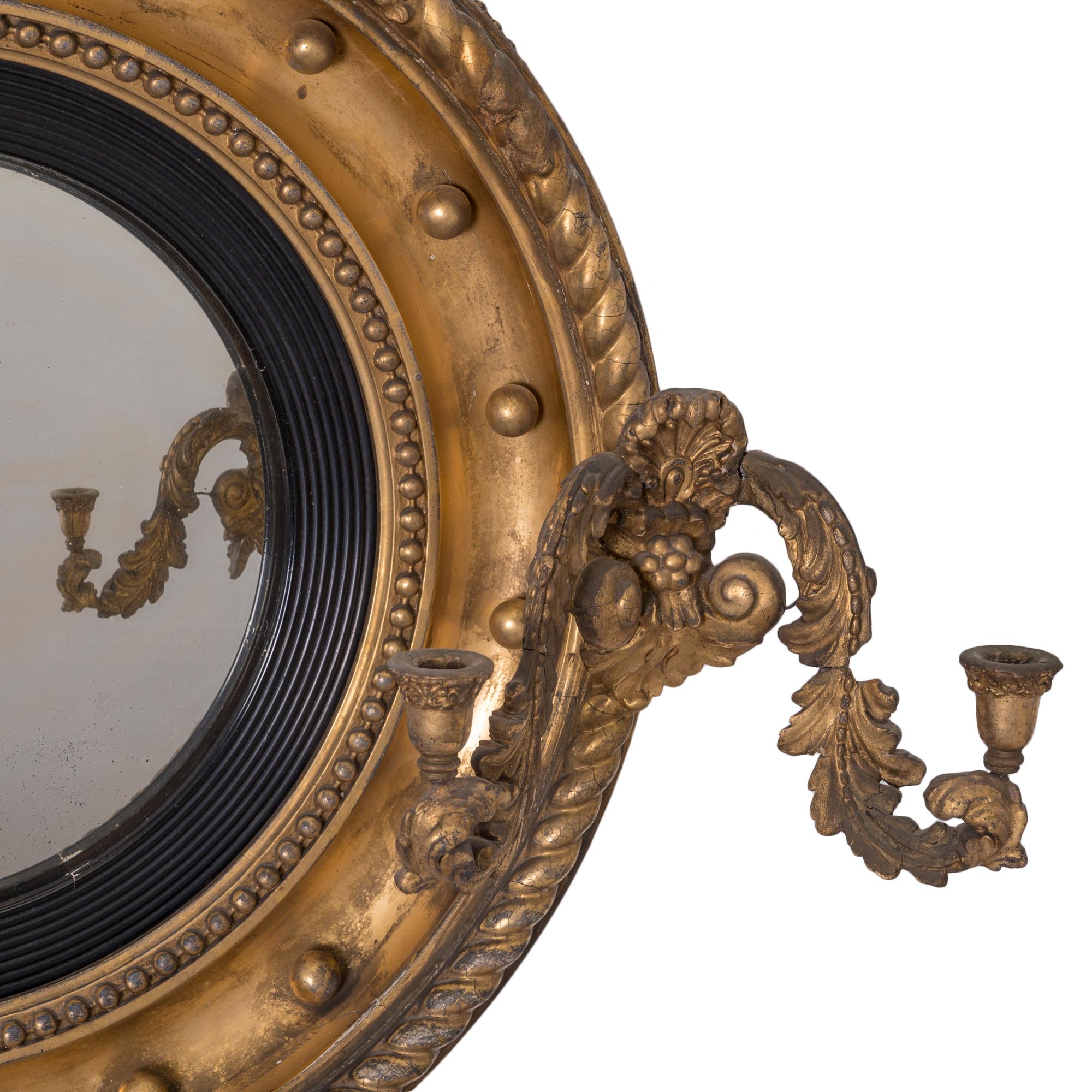 Regency Giltwood Convex Girandole Mirror For Sale 1