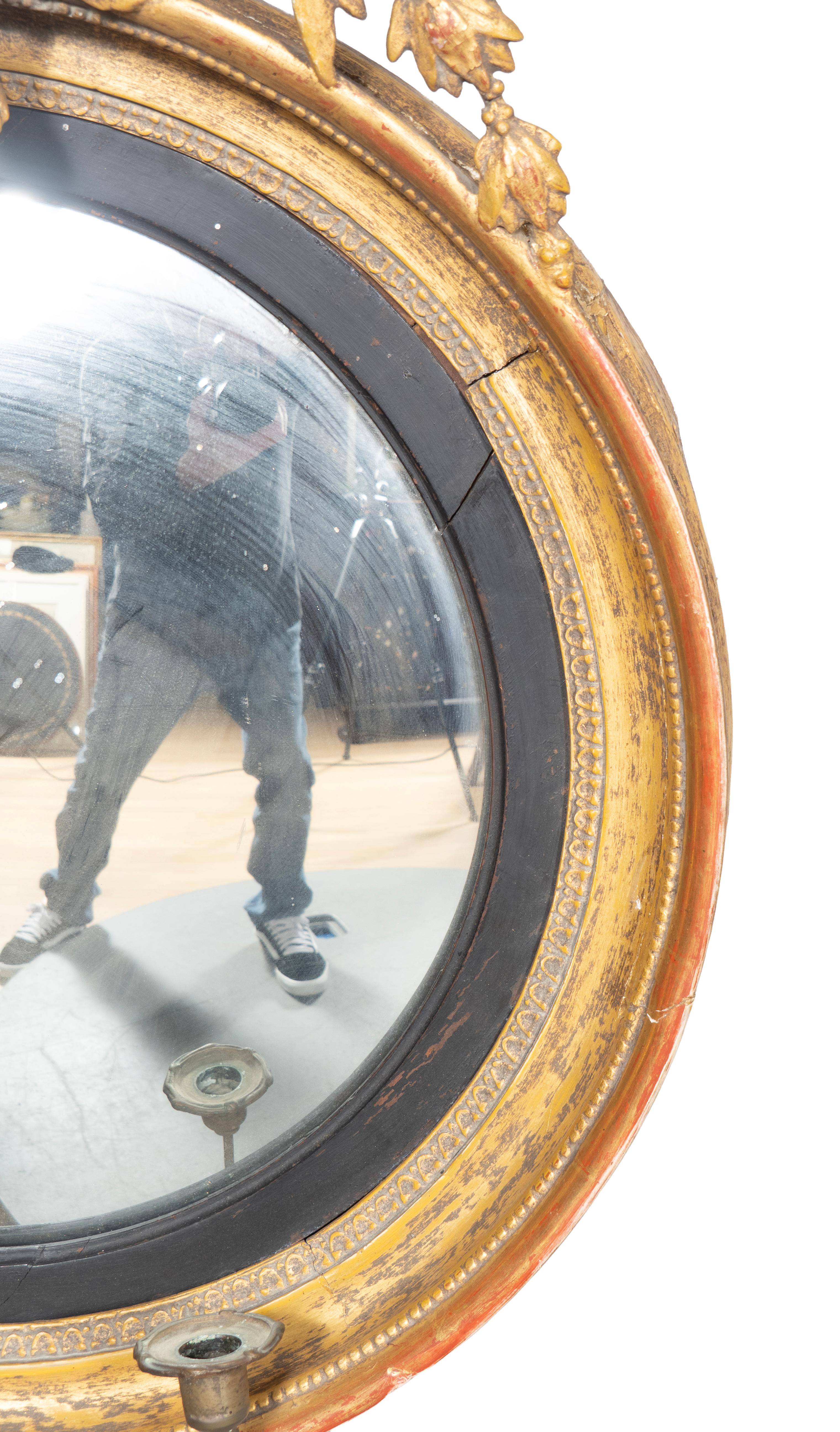 Ebonized Regency Giltwood Convex Mirror For Sale