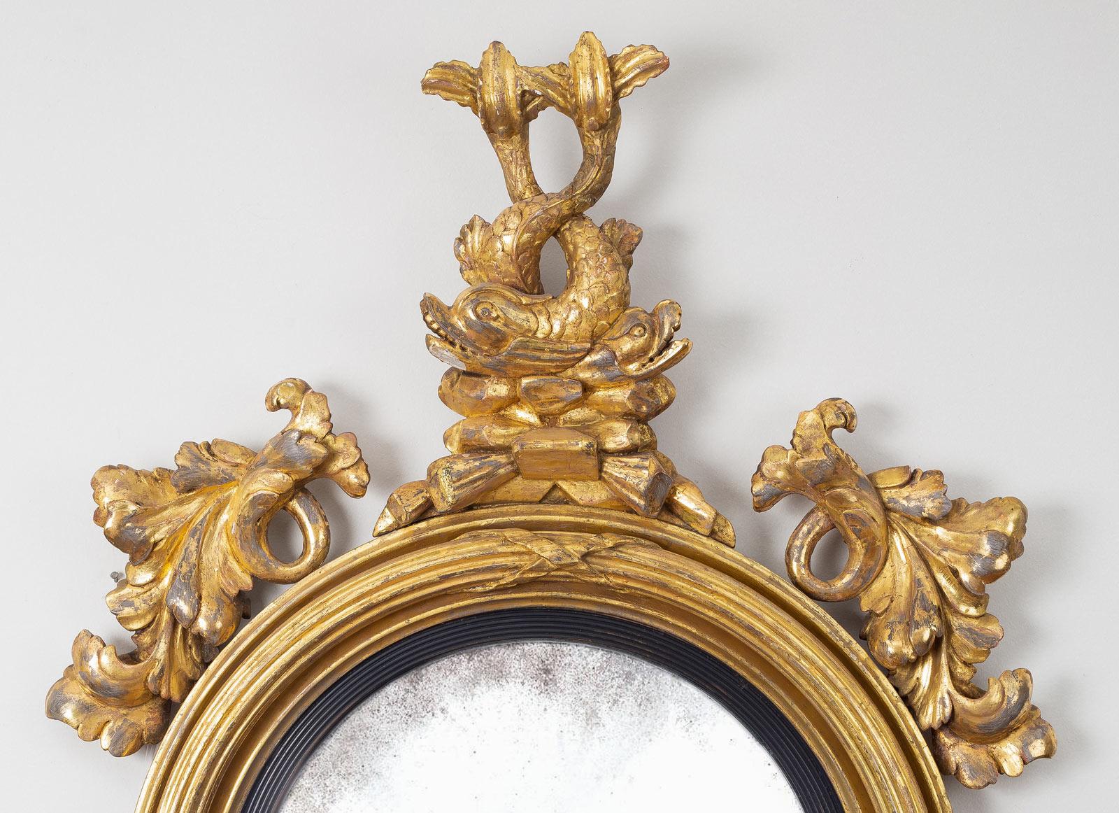 Regency Giltwood Convex Mirror with Dolphins, circa 1810 In Good Condition For Sale In Sheffield, MA
