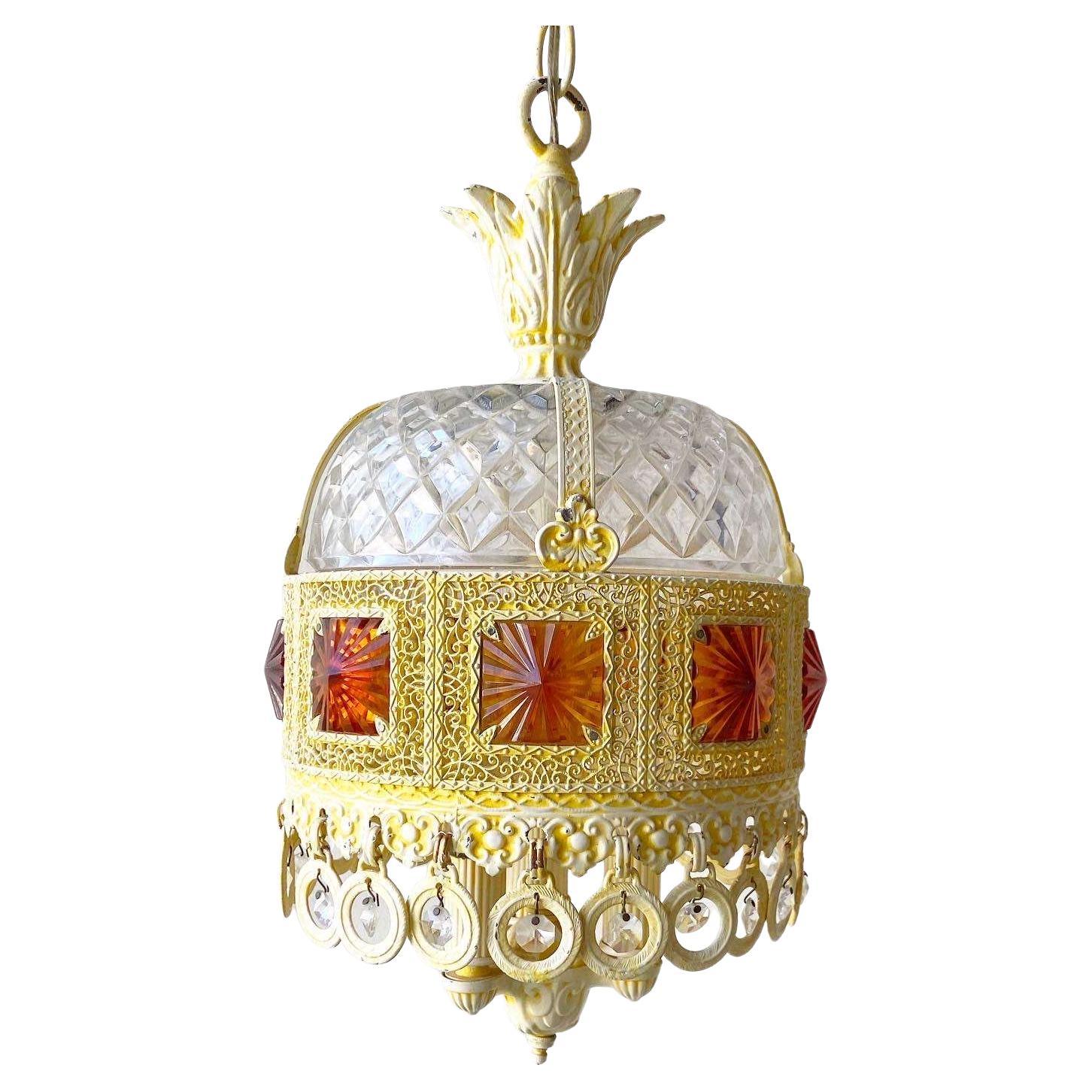 Regency Glass, Cream & Orange Pendant/Swag Lamp For Sale