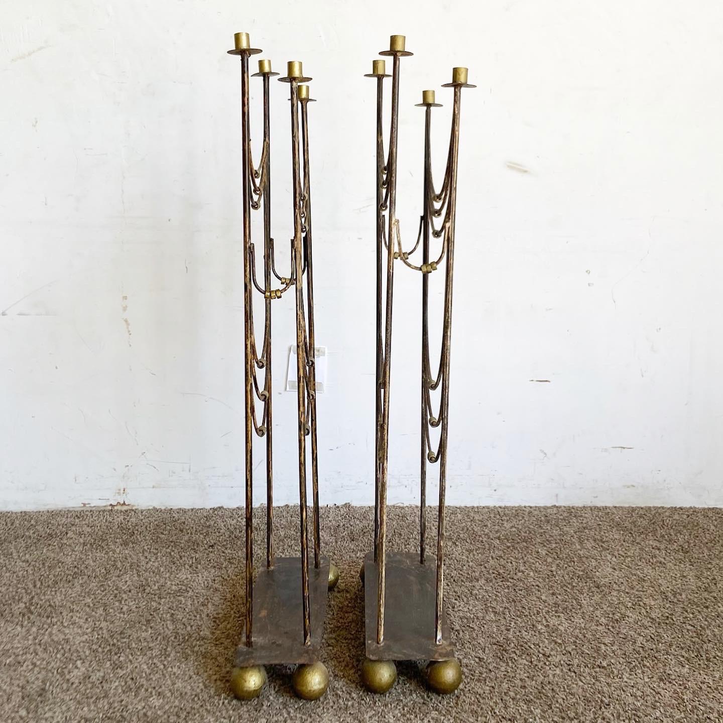 American Regency Gold and Silver Metal 4 Headed Floor Candelabras - a Pair For Sale