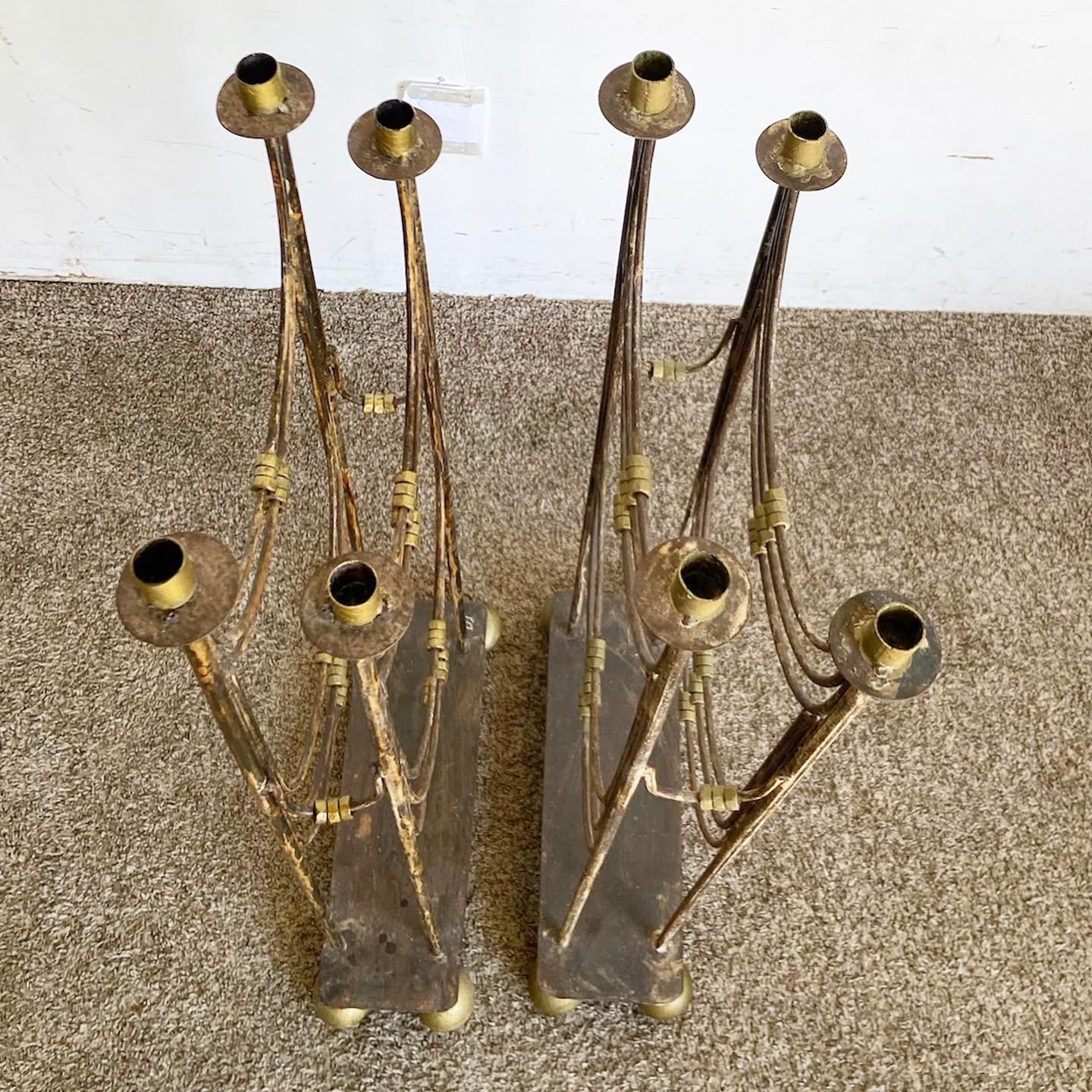 Regency Gold and Silver Metal 4 Headed Floor Candelabras - a Pair In Good Condition For Sale In Delray Beach, FL