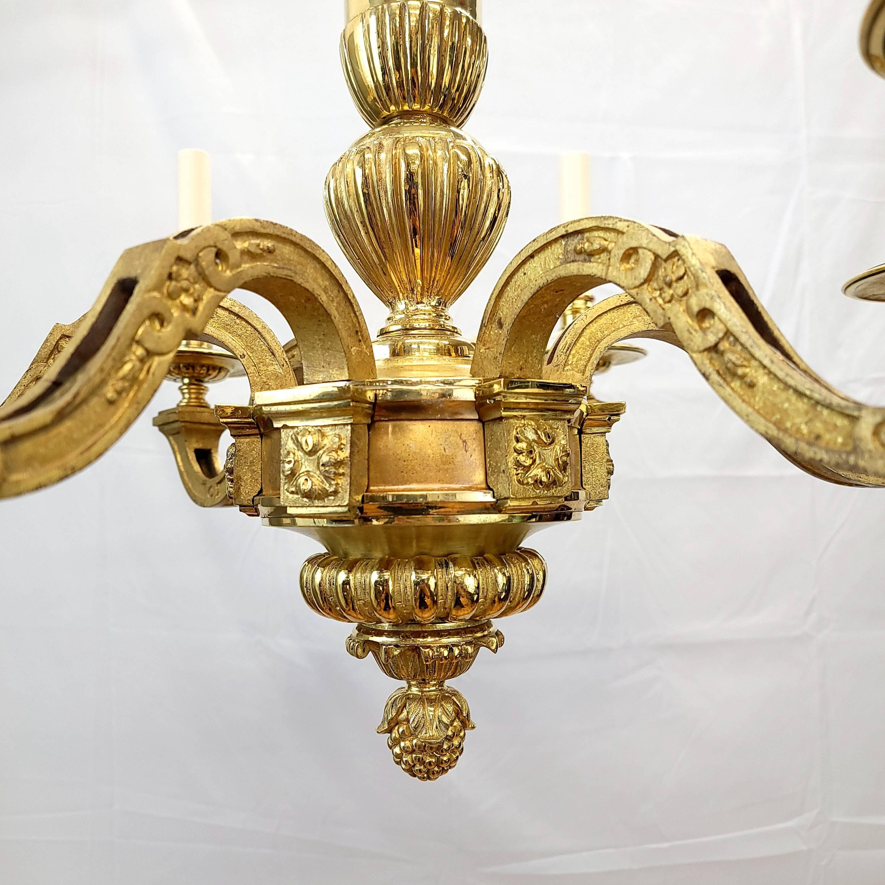 American Regency Gold Brass Candelabra Chandelier For Sale