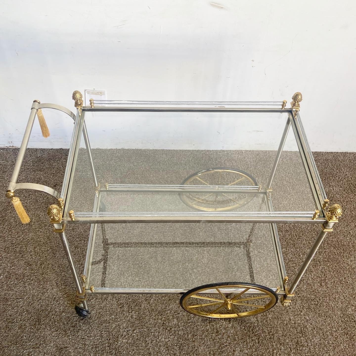 American Regency Gold Silver and Glass Two Tier Bar Cart For Sale