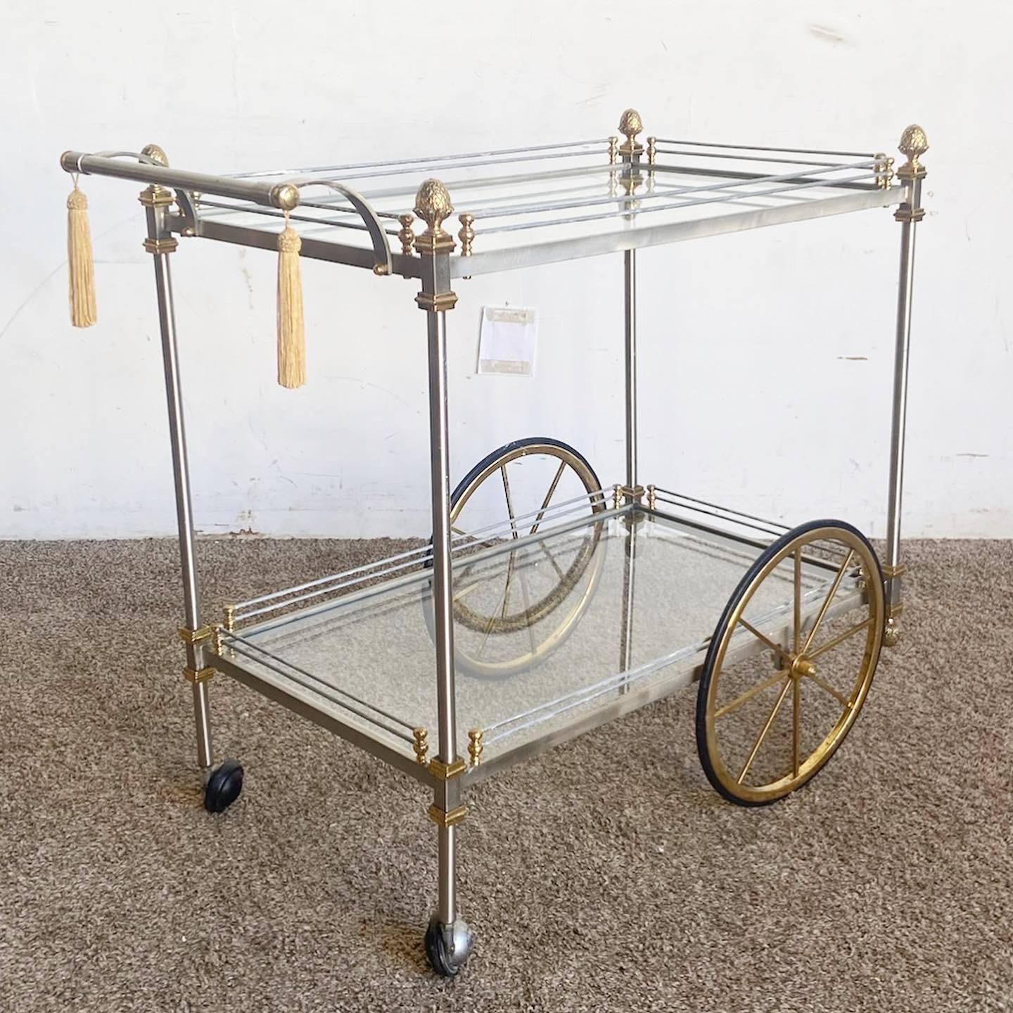 Regency Gold Silver and Glass Two Tier Bar Cart In Good Condition For Sale In Delray Beach, FL
