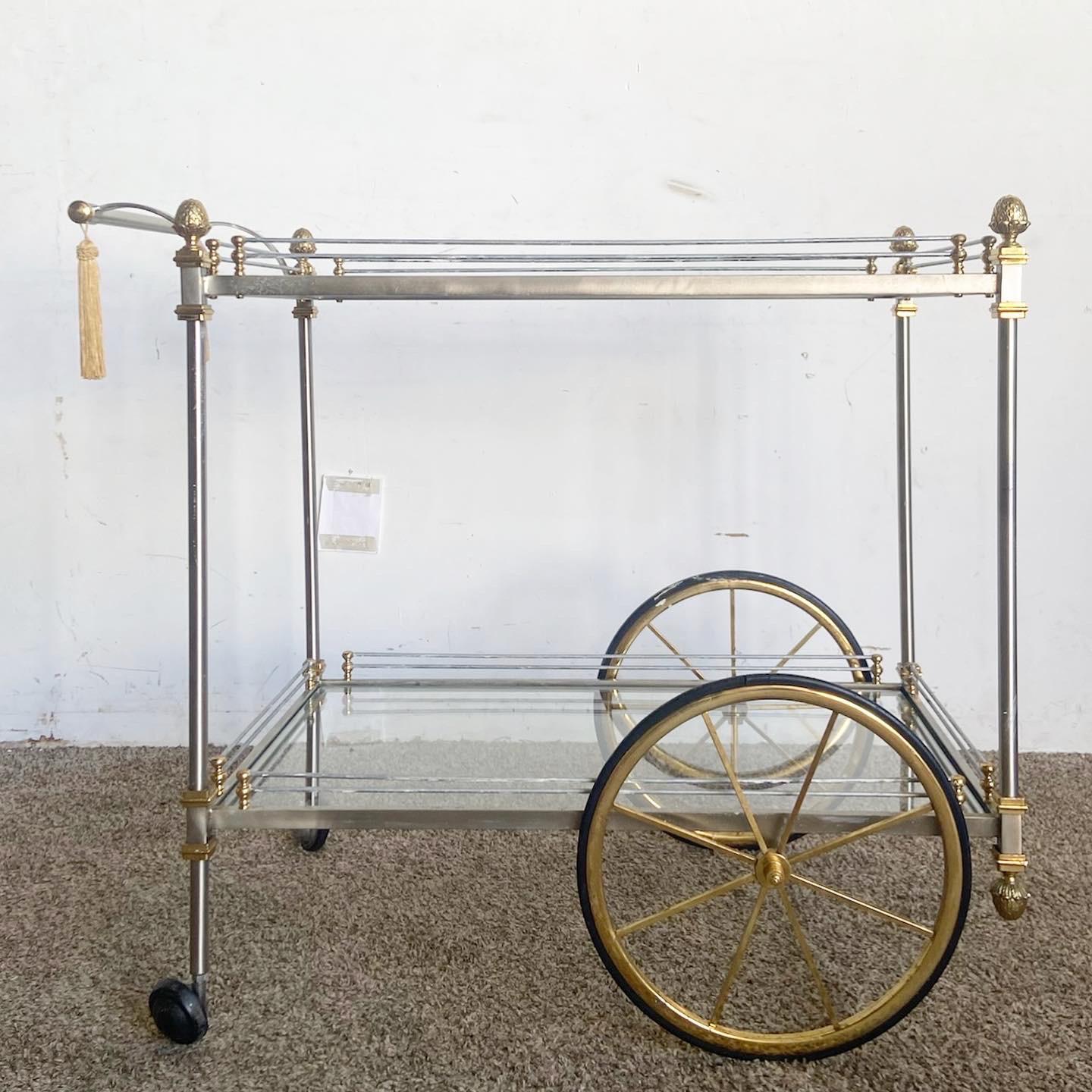 Regency Gold Silver and Glass Two Tier Bar Cart For Sale 3